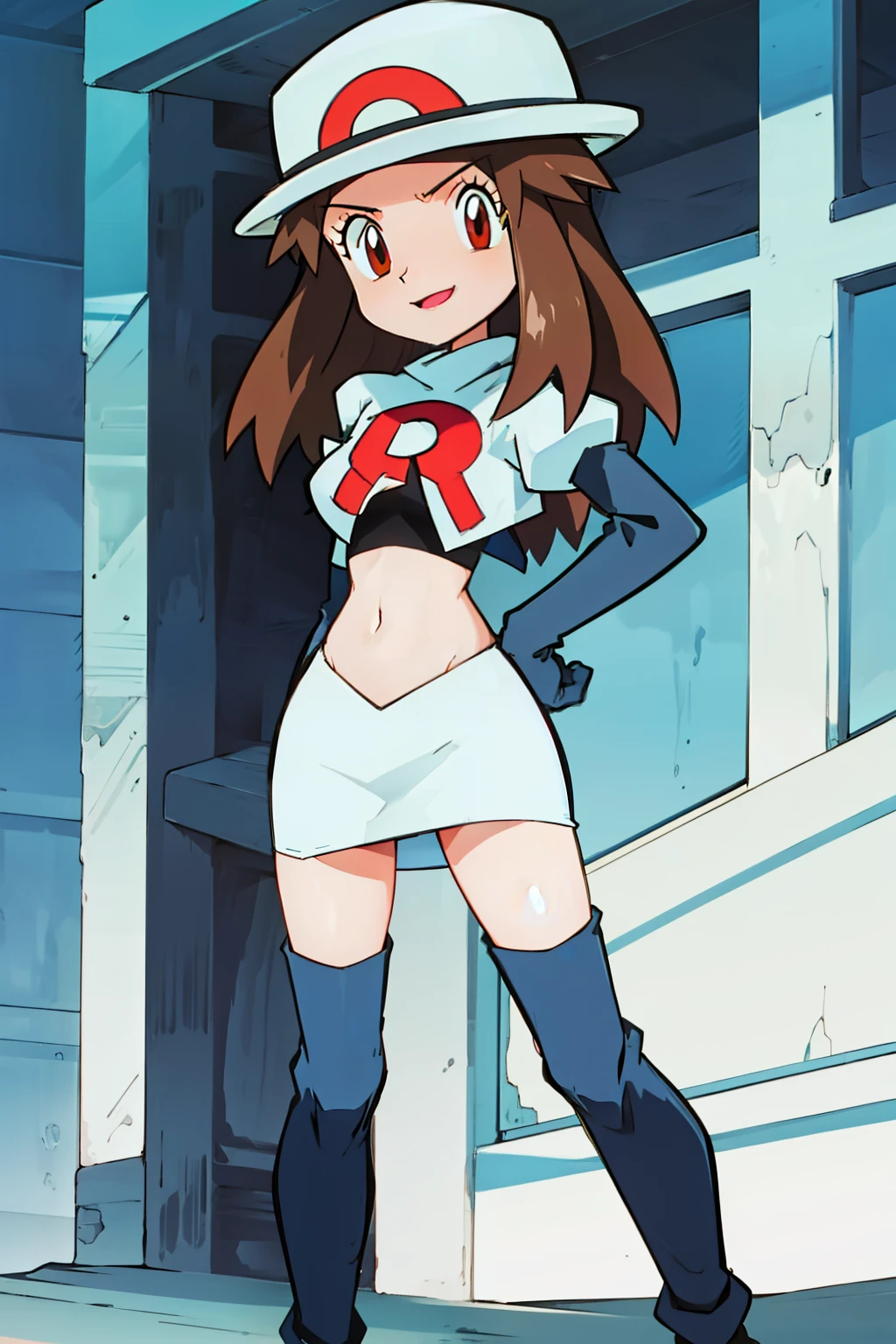 leaf \(pokemon\), hat ,brown eyes, brown hair ,glossy lips ,team rocket,team rocket uniform, red letter R, white skirt,white crop top,black glossy thigh-high boots, glossy black elbow gloves , looking at viewer, evil smile