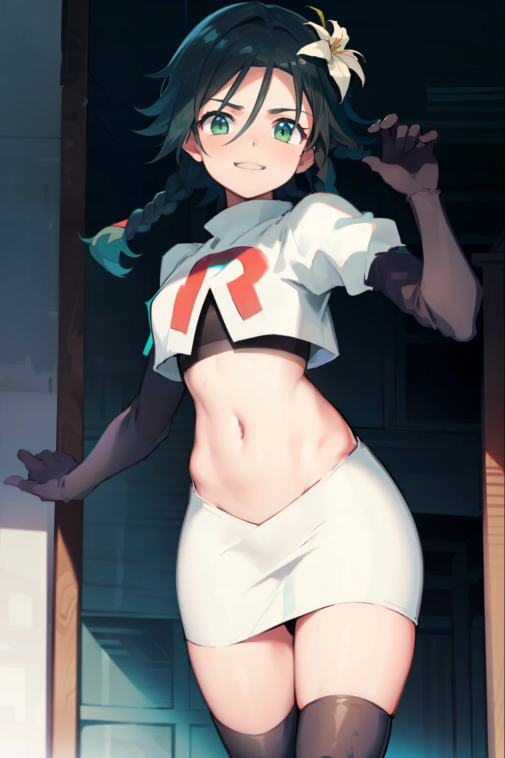 absurdres,venti,1boy, male focus, trap,black hair, green-blue hair, hair braid,hair flower,aqua green eyes,crossdressing,1boy,team rocket,team rocket uniform,white skirt,red letter R,crop top,black thigh-high boots,black elbow gloves, smile, show teeth
