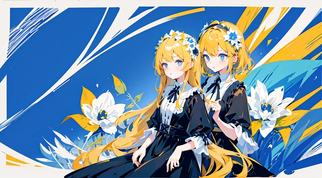 (2 girls, blonde hair, blue eyes, black sundress, cute, kawaii), (blue moon, white flower field), (low contrast, flat color, limited palette)