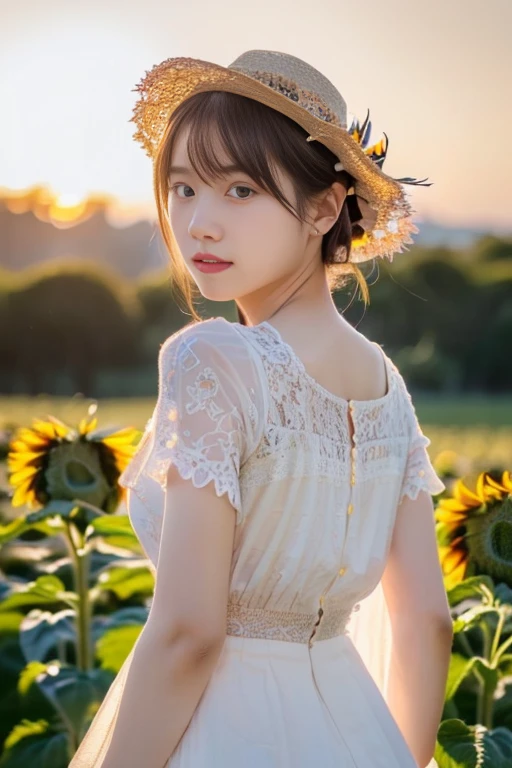 (Highly detailed CG Unity 16k wallpaper:1.1), (Denoising strength: 1.45), (T-Mastepiece:1.37), ((A girl in a straw hat looking back in a sunflower field ackligh)，(white lace dress，Fluffy mini skirt),(Best Illumination, Best Shadow, extremely delicate and beautiful), Girl on the central axis of the photo, Small breasts, ((Sunflowers with ultimate details)), Beautiful detailed sky, extremely delicate and beautiful女の子, Sunflower fields at Sunset, Sunset, beautiful detailed cloud, (((the Extremely Detailed CG Unity 8K Wallpapers))), Ultra-, god rays, spark of light, Glowing light, (((​masterpiece))), (((Full body photo，Standing)))， (One beautiful Japan girl, Innocence，kawaii) ，超A high resolution, Realistic, ultra-detailliert, 8K,top-quality, Extremely detailed, Detailed background,A slender,very beautiful japanese girl, Detailed face:1.3), (has hair tied up in a bun，A dark-haired :1.4), (a baby face，kawaii系,adorable 10 year old girl), (Perfect body:1.1),  Very surprised face，sexy  pose，rosy cheeks，Super Detailed Face、Detailed lips、A detailed eye、small gravure idol，Transparent skin、Lolita，japanese hight school uniform，Photorealistic:1.37，no-makeup，Neutral Lighting，