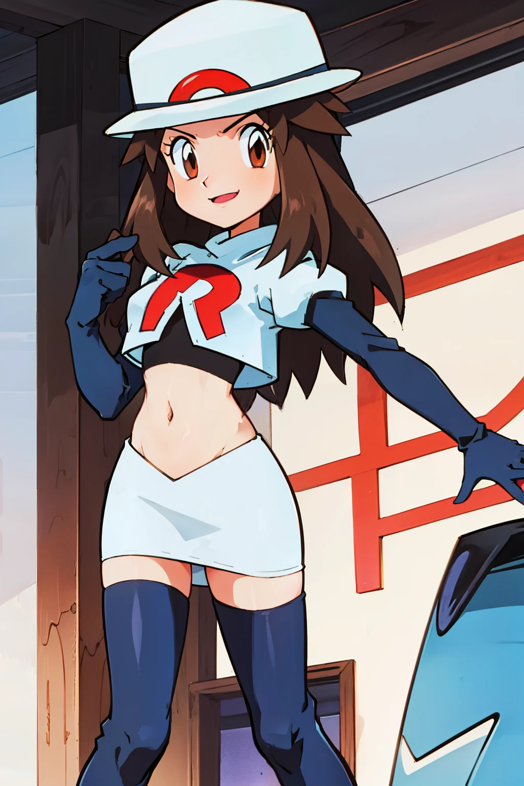 leaf \(pokemon\), hat ,brown eyes, brown hair ,glossy lips ,team rocket,team rocket uniform, red letter R, white skirt,white crop top,black glossy thigh-high boots, glossy black elbow gloves , looking at viewer, evil smile