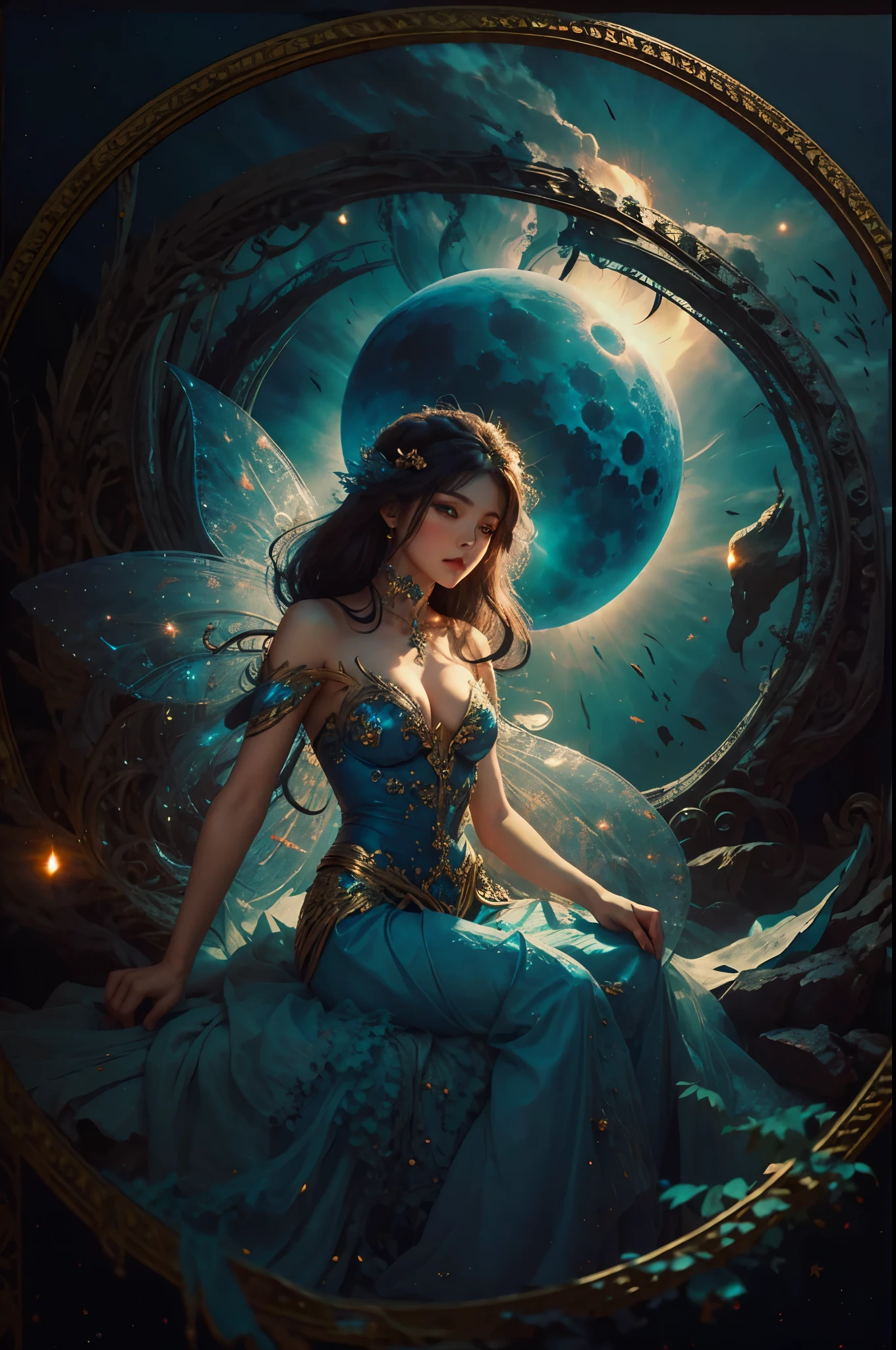 In the quiet stillness of the night, the fairy of the moon sits upon her crescent throne, her eyes alight with wonder as she watches a single star shoot across the sky. The stellar winds blow hot and cold, carrying her thoughts and dreams to the far reaches of the universe.,more detail XL