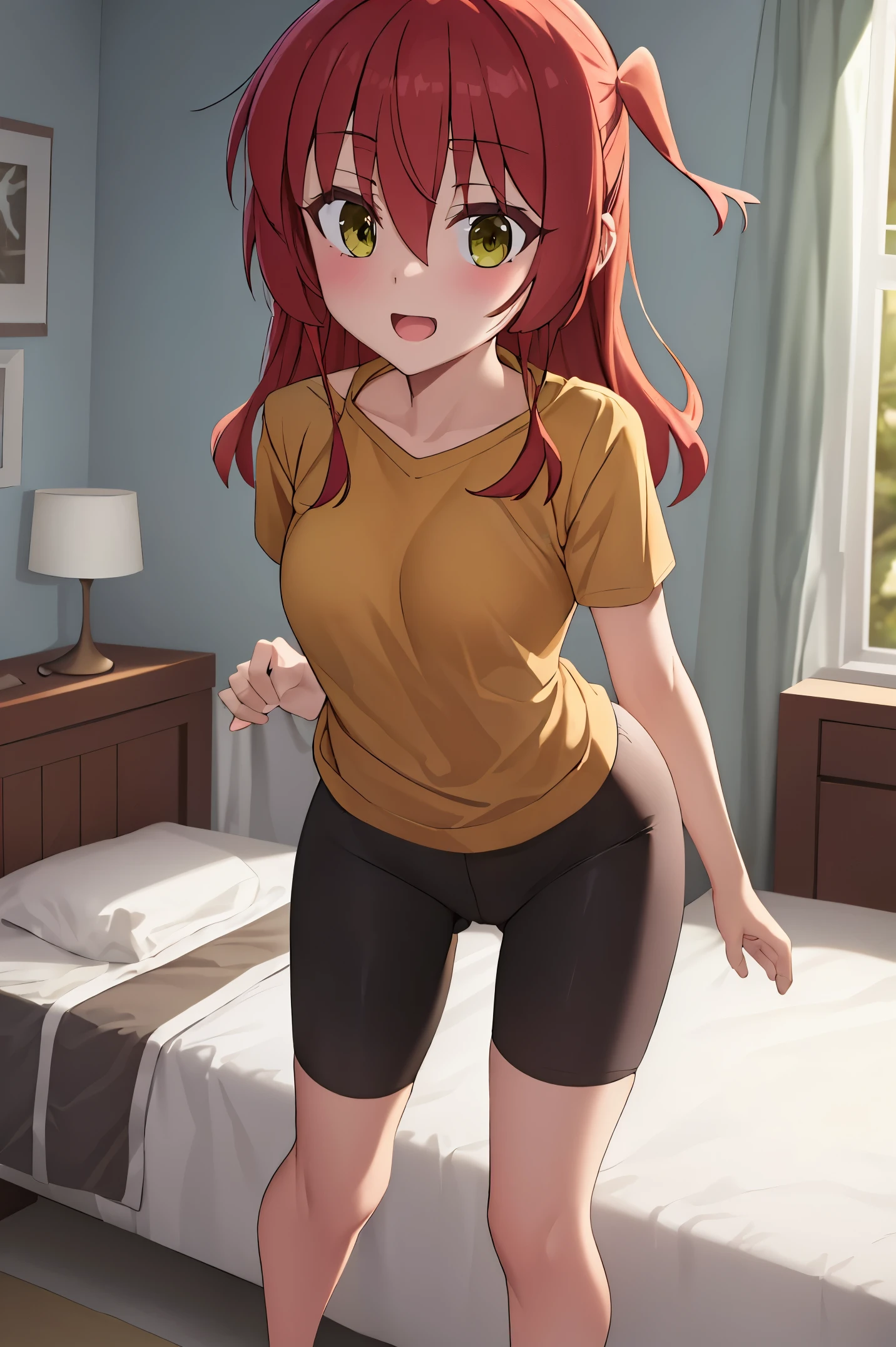 1 girl, best quality, ultra high res, long hair, red hair, green eyes, looking at viewers, small breast, standing, pov, slim body, loli body, small body, smile, open mouth, yellow shirt, short sleeves, bike shorts, bedroom, white bed sheets,