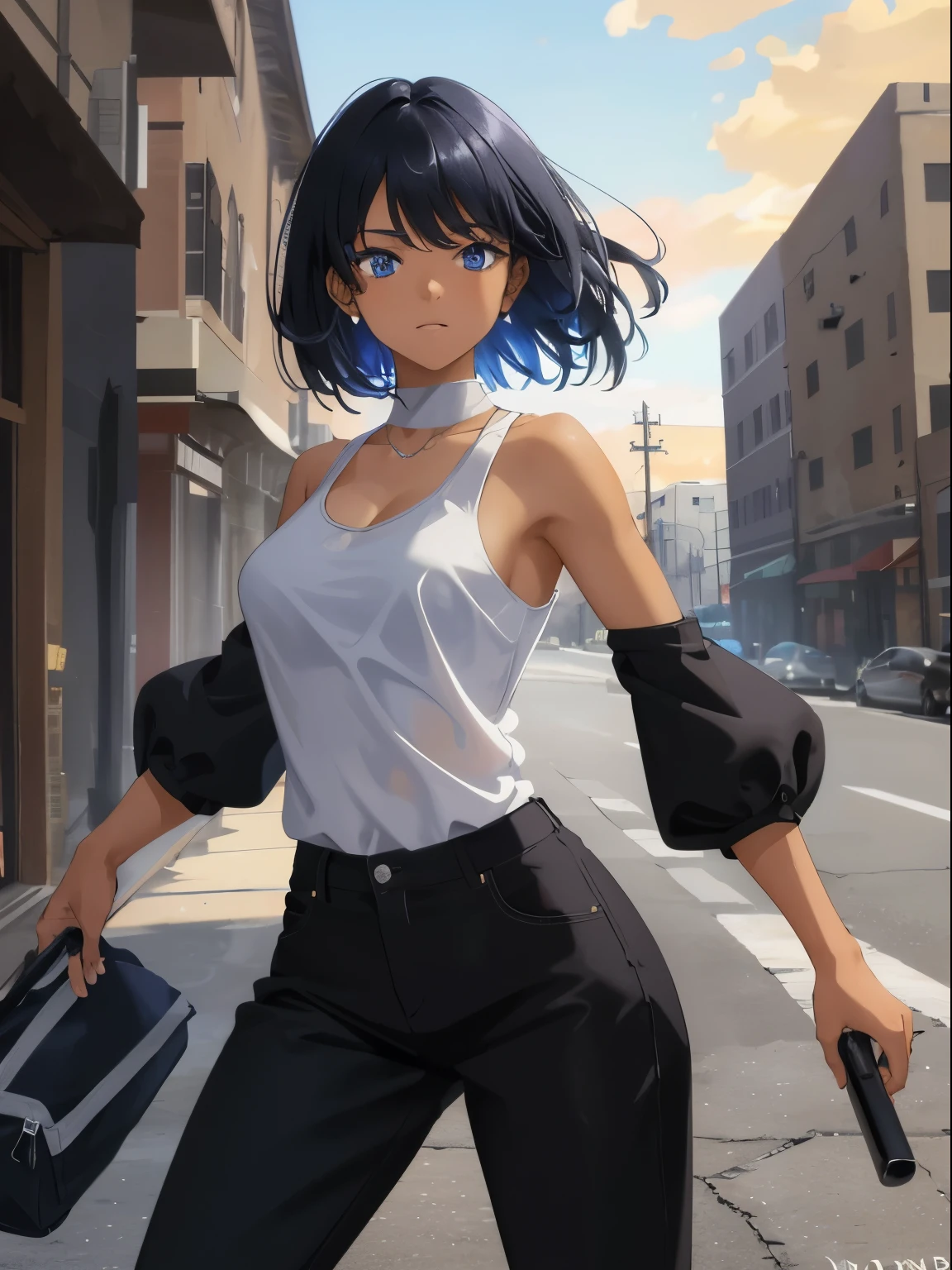 dreamy, (masterpiece), best quality, ( appearance), 1girl, Black short hair, amazing, beautiful detailed eyes, blue eyes, fine details, depth of field, extremely detailed CG, ((Black skin)), White shirt with shoulders off, black pants, medium breasts, 8k,(RAW photo, best quality), (beautiful composition, coherent:1.3), best quality, ultra high res, masterpiece, extremely detailed, 8k wallpaper, cinematic lighting, beautiful detailed eyes, extremely detailed eyes and face, perfect anatomy, 1girl, solo,(high detailed skin:1.2), beautiful (skinny:0.8), (black skin:0.2), (Strong body:1.0), loose shirt, , Looking at viewer, fight pose