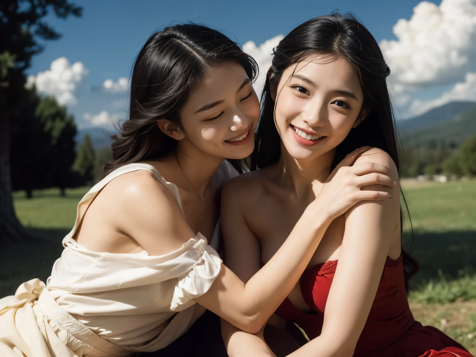 Ancient Roman landscape in the style of Poussin,A smile,,Sweet and seductive appearance.、Caravaggio's paintings、Chiaroscuro of Caravaggio、Hair disheveled in the wind,Two women frolicking,Cute smile, Expression of ecstasy,A sexy,erotick