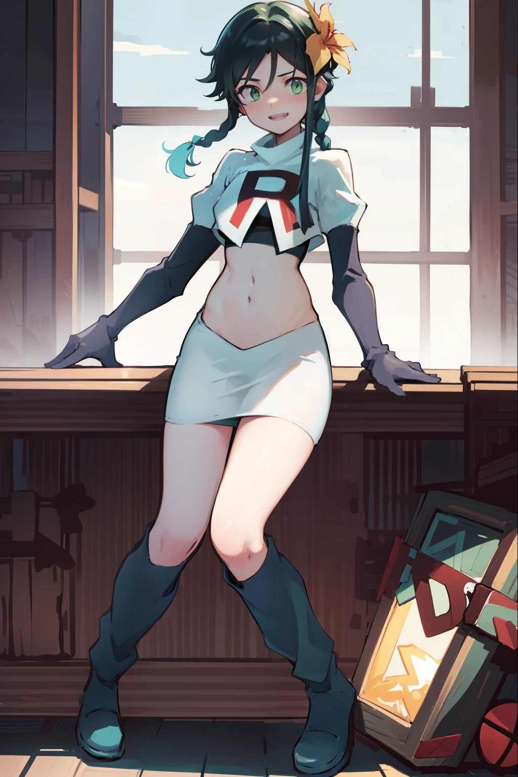 absurdres,venti,1boy, male focus, trap,black hair, green-blue hair, hair braid,hair flower,aqua green eyes,crossdressing,1boy,team rocket,team rocket uniform,white skirt,red letter R,crop top,black thigh-high boots,black elbow gloves, smile, show teeth