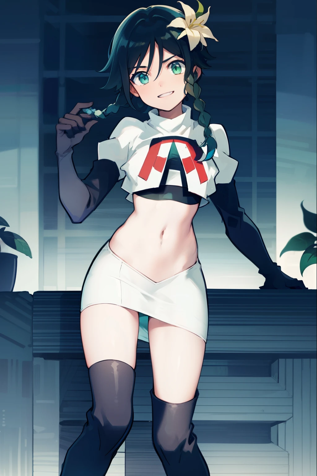 absurdres,venti,1boy, male focus, trap,black hair, green-blue hair, hair braid,hair flower,aqua green eyes,crossdressing,1boy,team rocket,team rocket uniform,white skirt,red letter R,crop top,black thigh-high boots,black elbow gloves, smile, show teeth