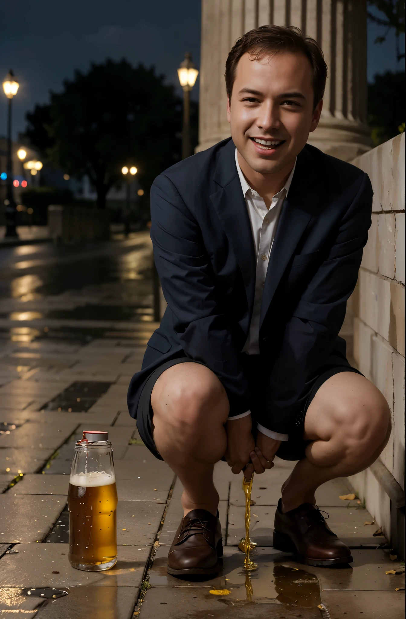 a thin stream of yellow urine puddles on the ground beneath him