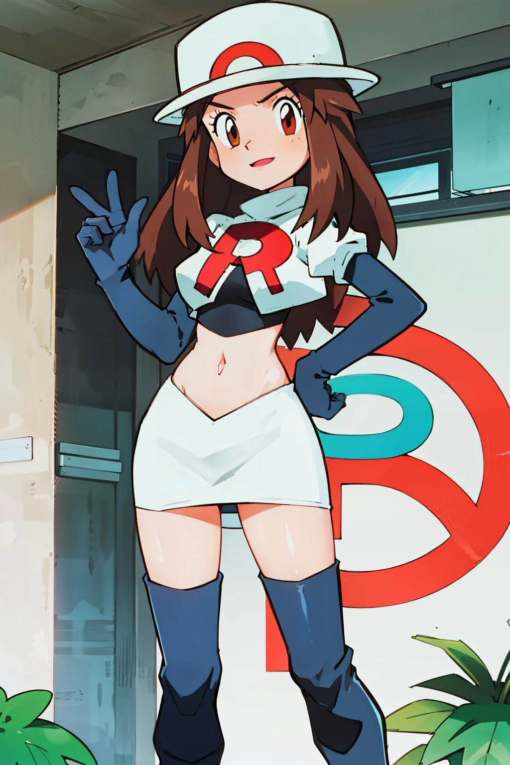 leaf \(pokemon\), hat ,brown eyes, brown hair ,glossy lips ,team rocket,team rocket uniform, red letter R, white skirt,white crop top,black glossy thigh-high boots, glossy black elbow gloves , looking at viewer, evil smile