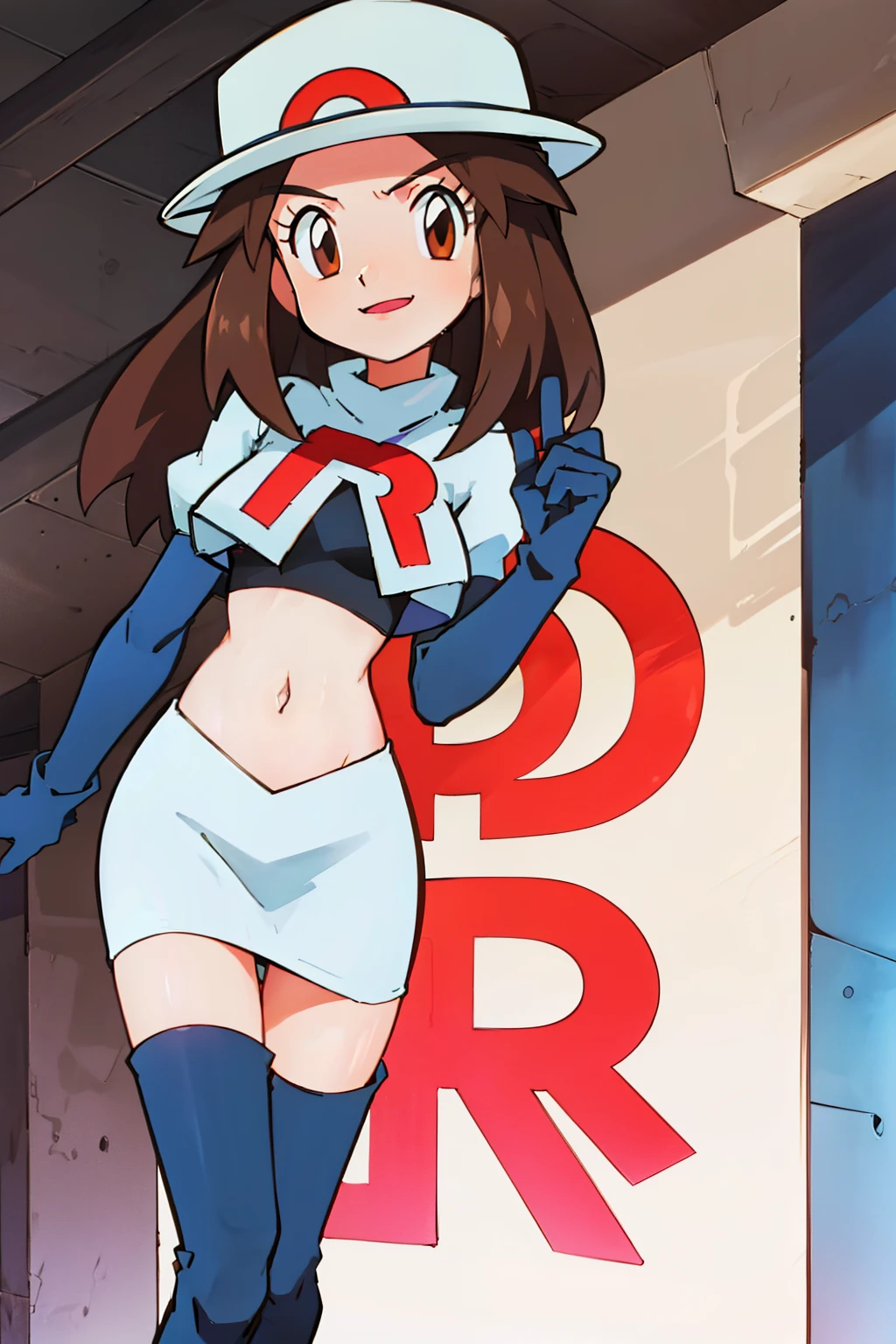 leaf \(pokemon\), hat ,brown eyes, brown hair ,glossy lips ,team rocket,team rocket uniform, red letter R, white skirt,white crop top,black glossy thigh-high boots, glossy black elbow gloves , looking at viewer, evil smile