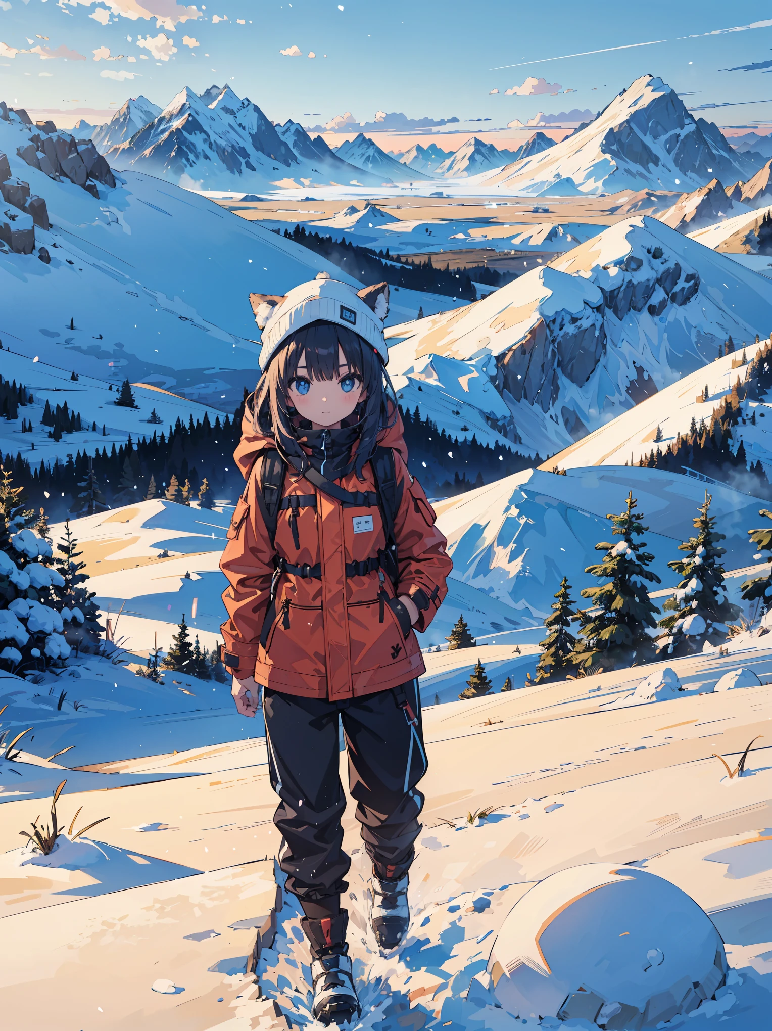 1girl, dawn, clouds, snow mountains, winter, falling snow:1.6, windy, cap, coat , pants (outdoor:1.3), magnificent panorama view
