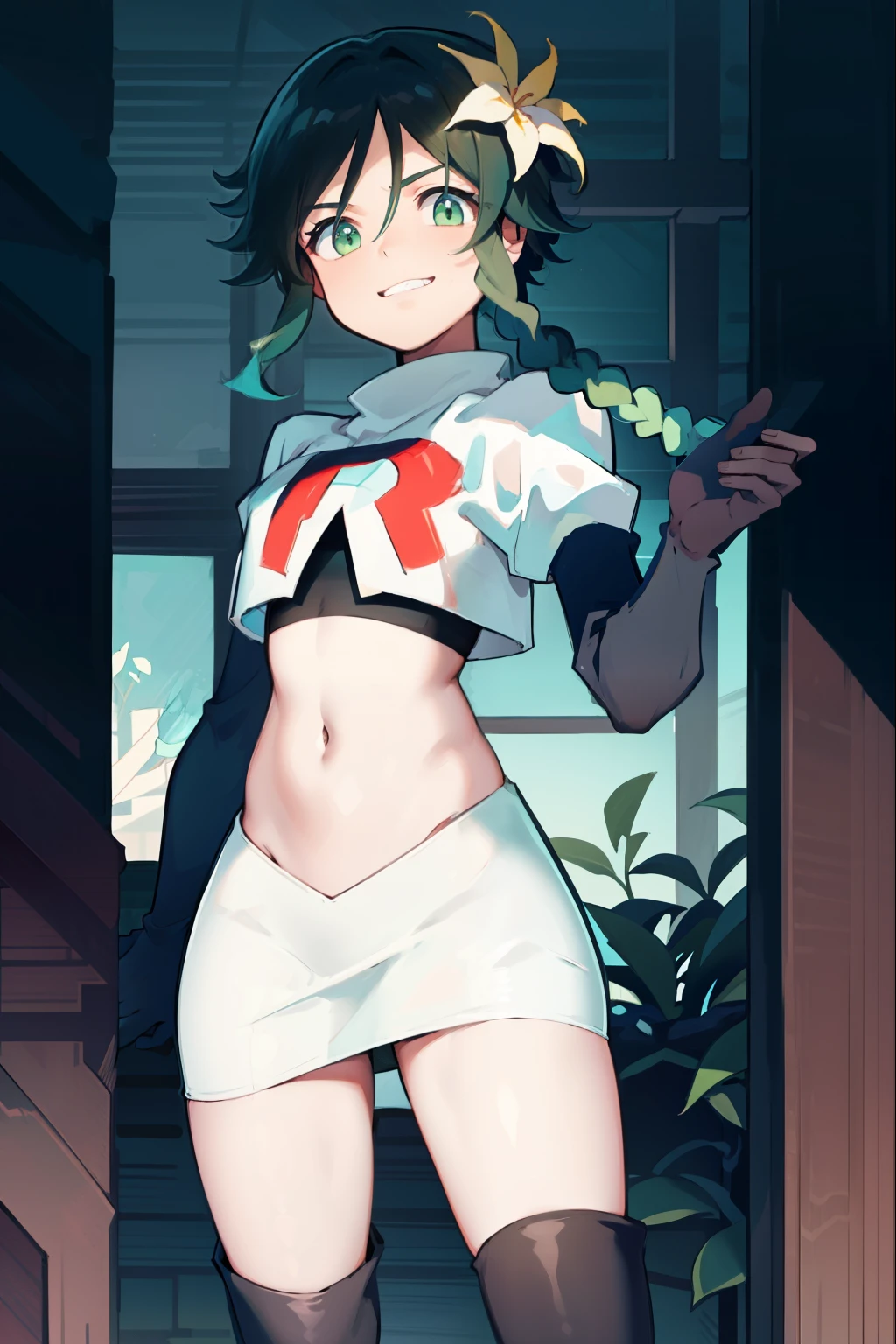 absurdres,venti,1boy, male focus, trap,black hair, green-blue hair, hair braid,hair flower,aqua green eyes,crossdressing,1boy,team rocket,team rocket uniform,white skirt,red letter R,crop top,black thigh-high boots,black elbow gloves, smile, show teeth