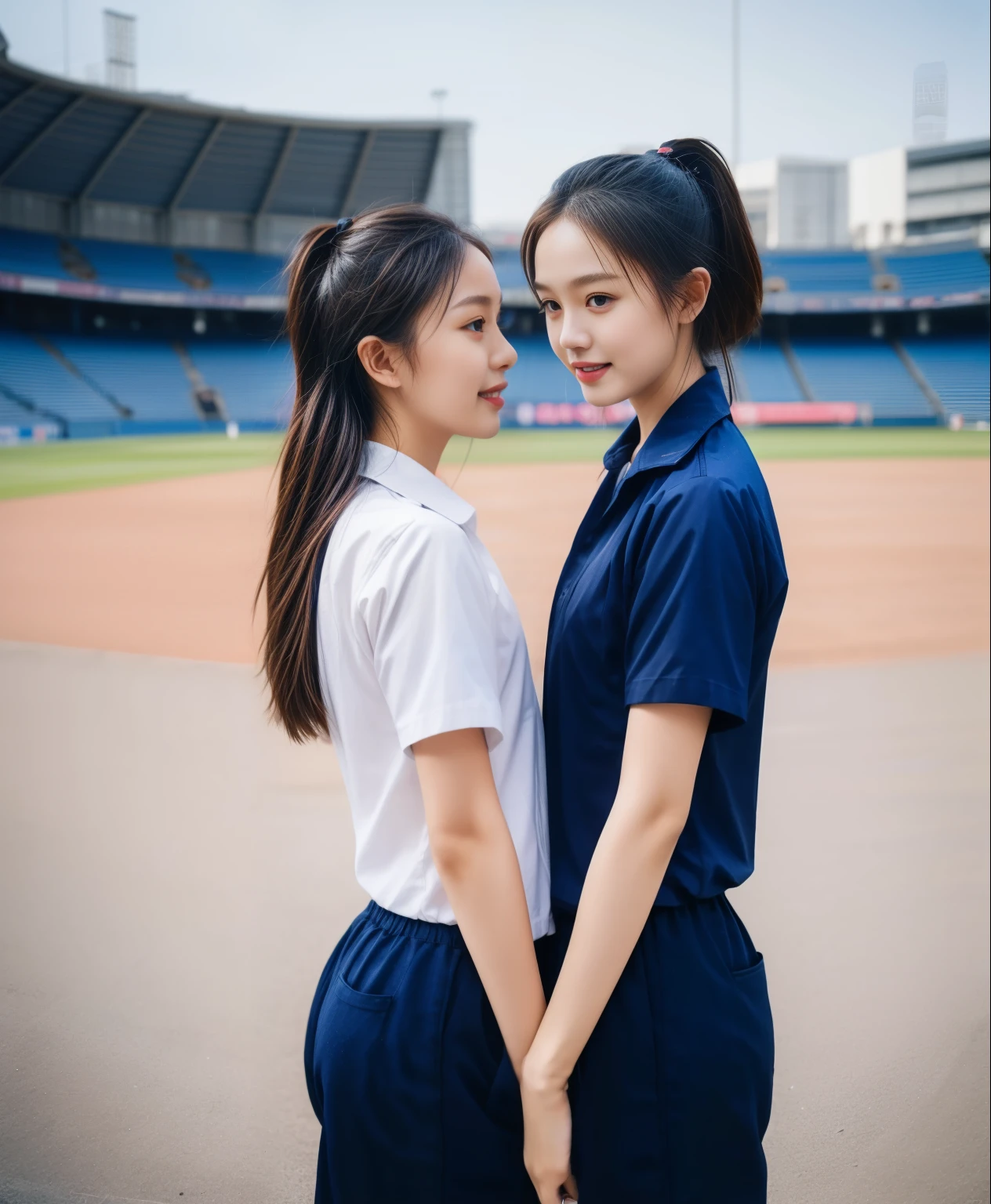 (bestquality,10,10,highres,masterpiece:1.2),ultra-detail,(Realistic,ภาพRealistic,photo-realistic:1.37),1 Cute girl in the football field,oily shiny skin,bara,light smile,BDclothelue shirt:1.3)),short sleeves,shirt, trousers.,(navy_long_ติดตามtrousers:1.1), ((Stadium Background:1.3)),dynamic angle,excited,face focus,Dynamic Poses,from behide,Ass Focus,masterpiece, bestquality, ultra realistic, hyper-detail, 8k resolution, RAW photo, crisp focus, ((Navy blue shirt:1.1)), short sleeves, เส้นทางlong, Complete bodyแบบ, 2 mature women, 18yo, cinematic light,trousersวอร์มสีน้ําเงิน,Gymware,Correct anatomy,Complete body, Correct body, sharp face, Correct bodyทางกายวิภาค, full entire body, Realistic gestures, long-haired, Realistic poses,Wear long shorts..............................,ช่วงขาlong,Shapely,Sculpting Girl, Slender Figure, mannequin mannequins, Shapely, Beautiful body,trousersวอร์มสีน้ําเงิน, Two girls kissing
