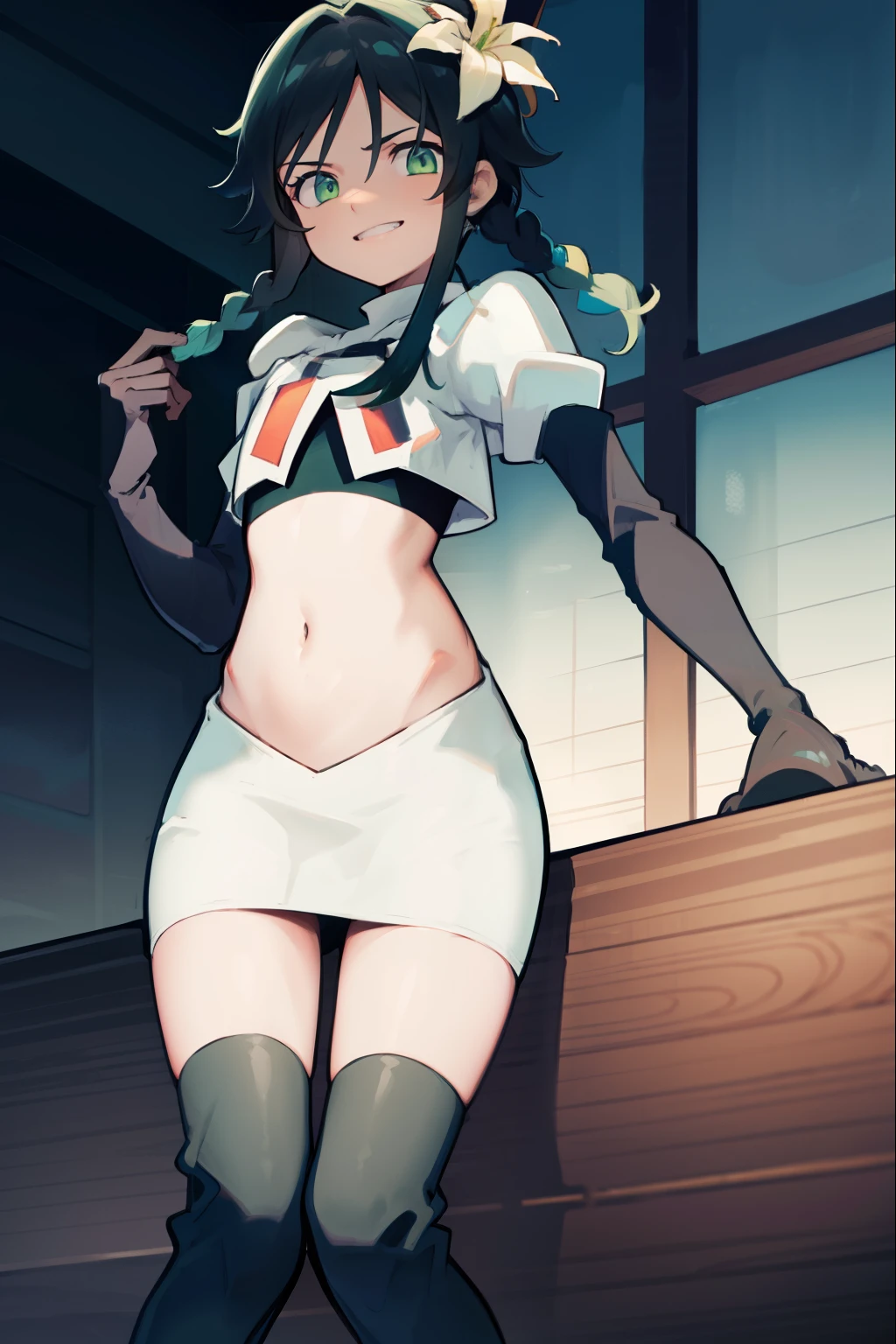 absurdres,venti,1boy, male focus, trap,black hair, green-blue hair, hair braid,hair flower,aqua green eyes,crossdressing,1boy,team rocket,team rocket uniform,white skirt,red letter R,crop top,black thigh-high boots,black elbow gloves, smile, show teeth