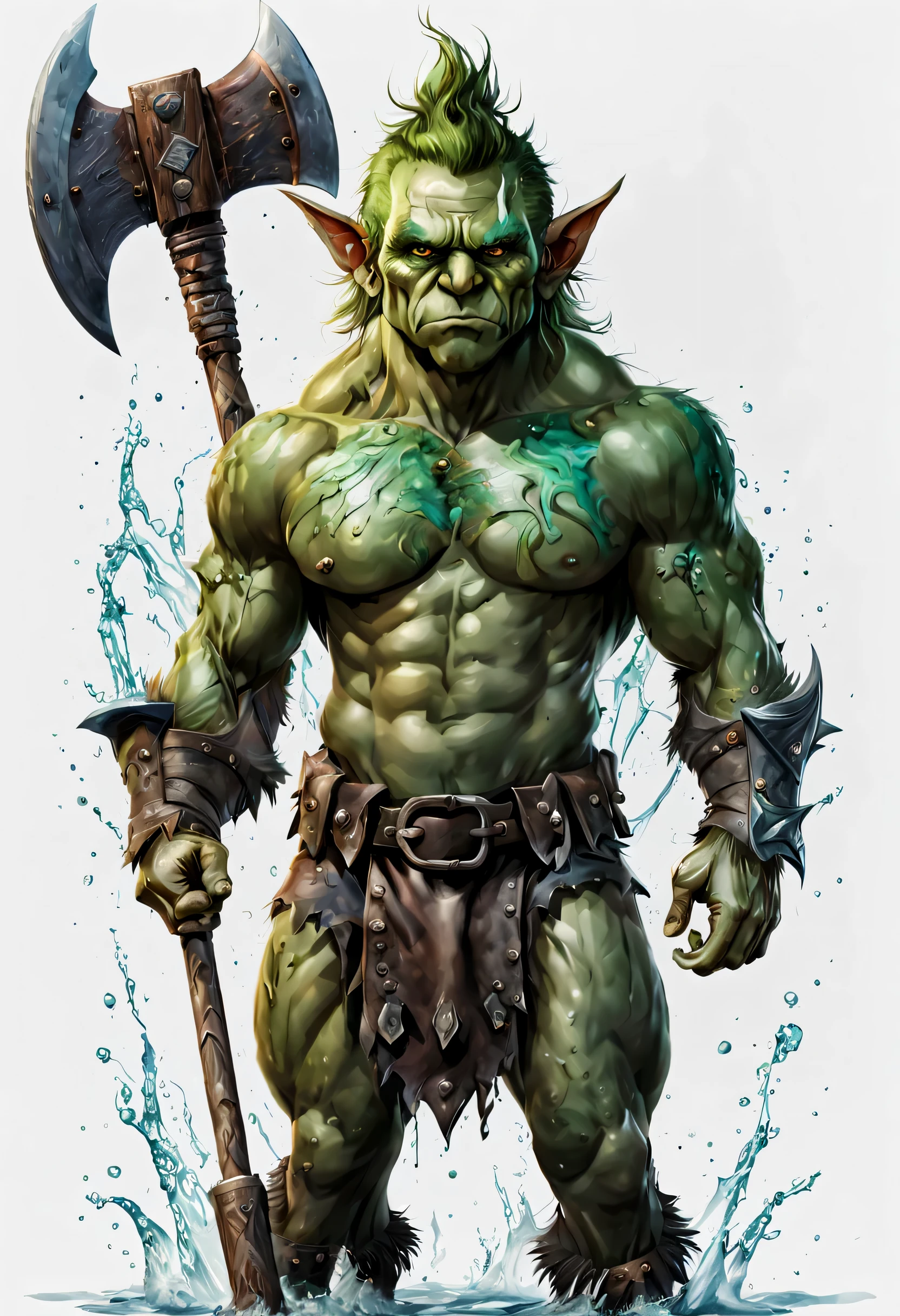 Retrato de un gran guerrero duende musculoso de piel verde usa pintura corporal de agua sosteniendo un hacha de metal grande, Plano completo (FS), ((cuerpo completo con piernas)), En pie, Mirando directamente, | (fondo blanco:1.2), Fondo simple |, colores apagados, Arte digital, 8K resolution, Calidad Ultra, acuarela, Tendencia ArtStation, Detalles intrincados, Altamente detallado, Greg Runkowski