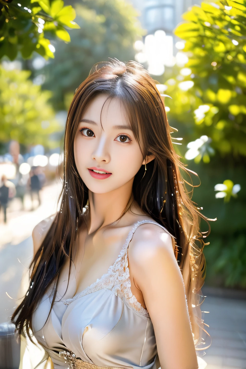 (((Draw only one woman: 2))), Beautiful 18 year old Japan woman, (Beautiful woman in light sleeveless dress: 1.5), ((Standing in a park where it is raining: 1.5)), ((1screen)), 8K, RAW shot, (Angle from diagonally above:1.5)、top quality photo, masutepiece, Nice realistic photos, ((Anatomically correct proportions: 1.5)), ((perfectly proportions)), Cute woman like an idol in Japan, Detailed face, Detailed eyes, Narrow Nose, Detailed hands and fingers, detailed arms , Detailed skin, Detailed legs, short torso, Slender body, (Beautiful long hair: 1.5), (Large breasts: 1.6), (wetted skin:1.4)、(Wet clothes:1.3)、(Wet hair)、(Dresses in neutral colors of bright colors:1.4)