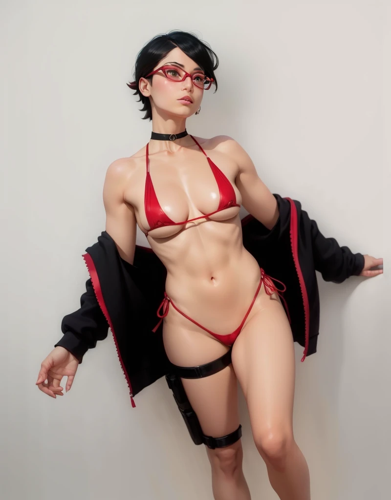 (highres,masterpiece:1.2),ultra-detailed,realistic, (((small naked boobs))), professional,beautiful detailed eyes,beautiful detailed lips,dark hair,short black hair,red glasses,stunning black eyes,clear skin,18-year-old girl,fashionable short hairstyle,vibrant red glasses,Shinobi Academy,fierce determination,confident posture,crimson outfit,intense gaze,background filled with ninjutsu techniques,shadows cleverly accentuating her features,subtle studio lighting,sublime realism,striking color tones
