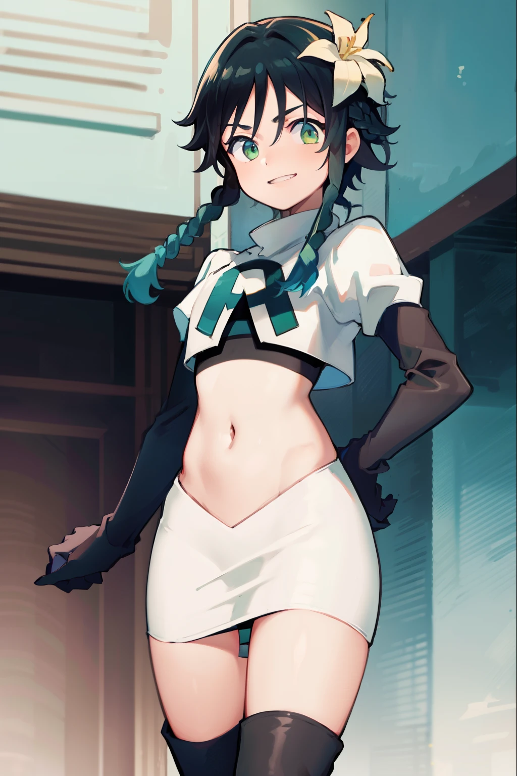 absurdres,venti,1boy, male focus, trap,black hair, green-blue hair, hair braid,hair flower,aqua green eyes,crossdressing,1boy,team rocket,team rocket uniform,white skirt,red letter R,crop top,black thigh-high boots,black elbow gloves, smile, show teeth