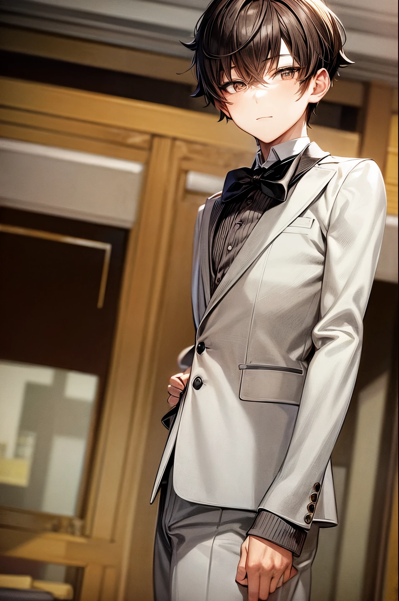(flat color:1.1),(masterpiece:1.2), best quality, masterpiece, original,short brown hair, anime boy looking at the camera at a bar, wearing a formal casual outfit
