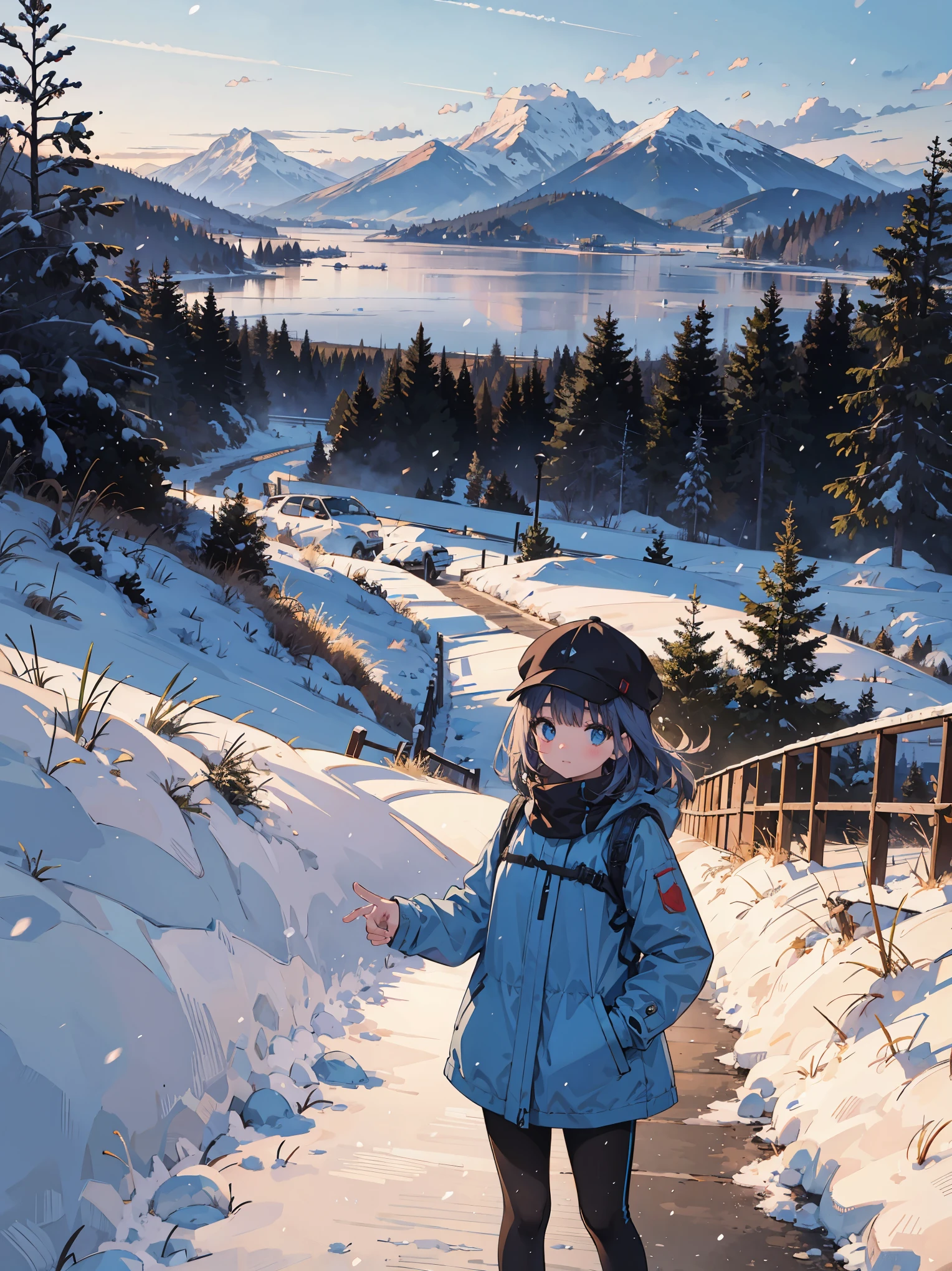 1girl, dawn, clouds, snow mountains, winter, falling snow:1.6, windy, cap, coat , pants (outdoor:1.3), magnificent panorama view