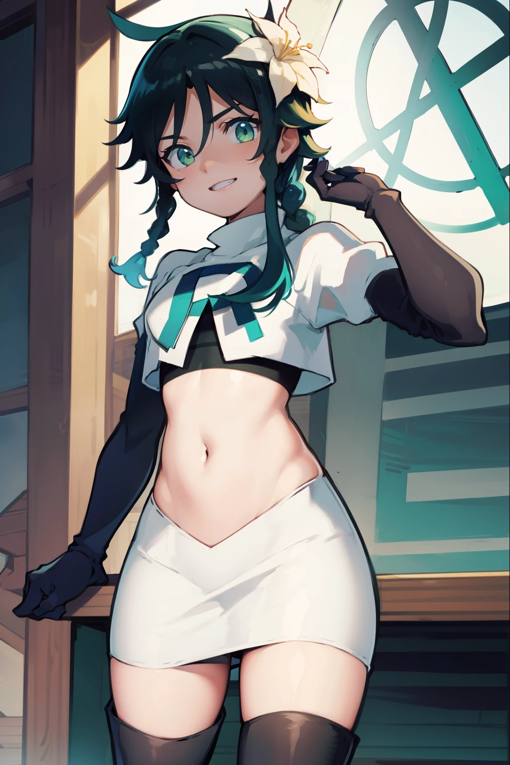 absurdres,venti,1boy, male focus, trap,black hair, green-blue hair, hair braid,hair flower,aqua green eyes,crossdressing,1boy,team rocket,team rocket uniform,white skirt,red letter R,crop top,black thigh-high boots,black elbow gloves, smile, show teeth