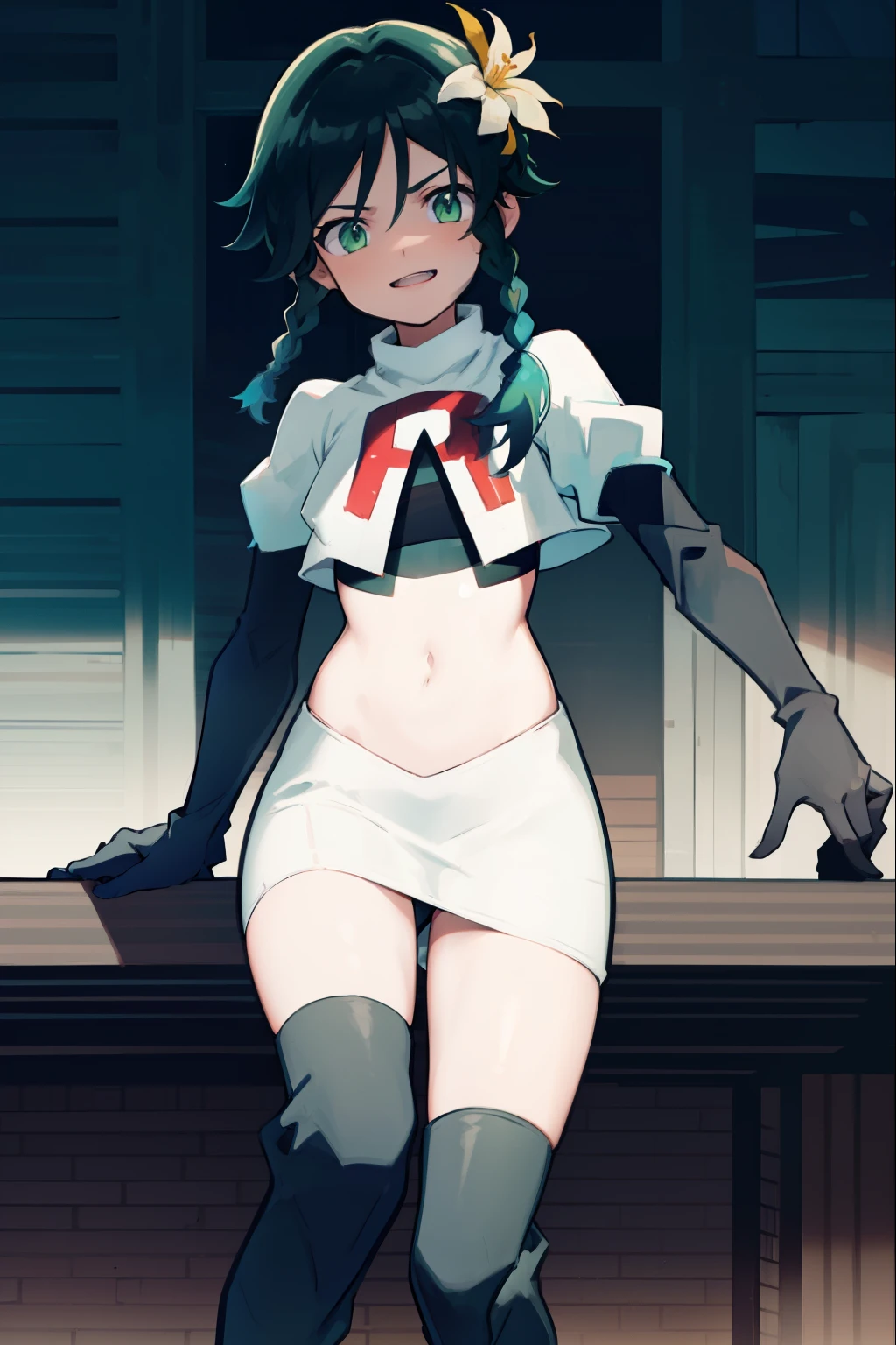 absurdres,venti,1boy, male focus, trap,black hair, green-blue hair, hair braid,hair flower,aqua green eyes,crossdressing,1boy,team rocket,team rocket uniform,white skirt,red letter R,crop top,black thigh-high boots,black elbow gloves, smile, show teeth