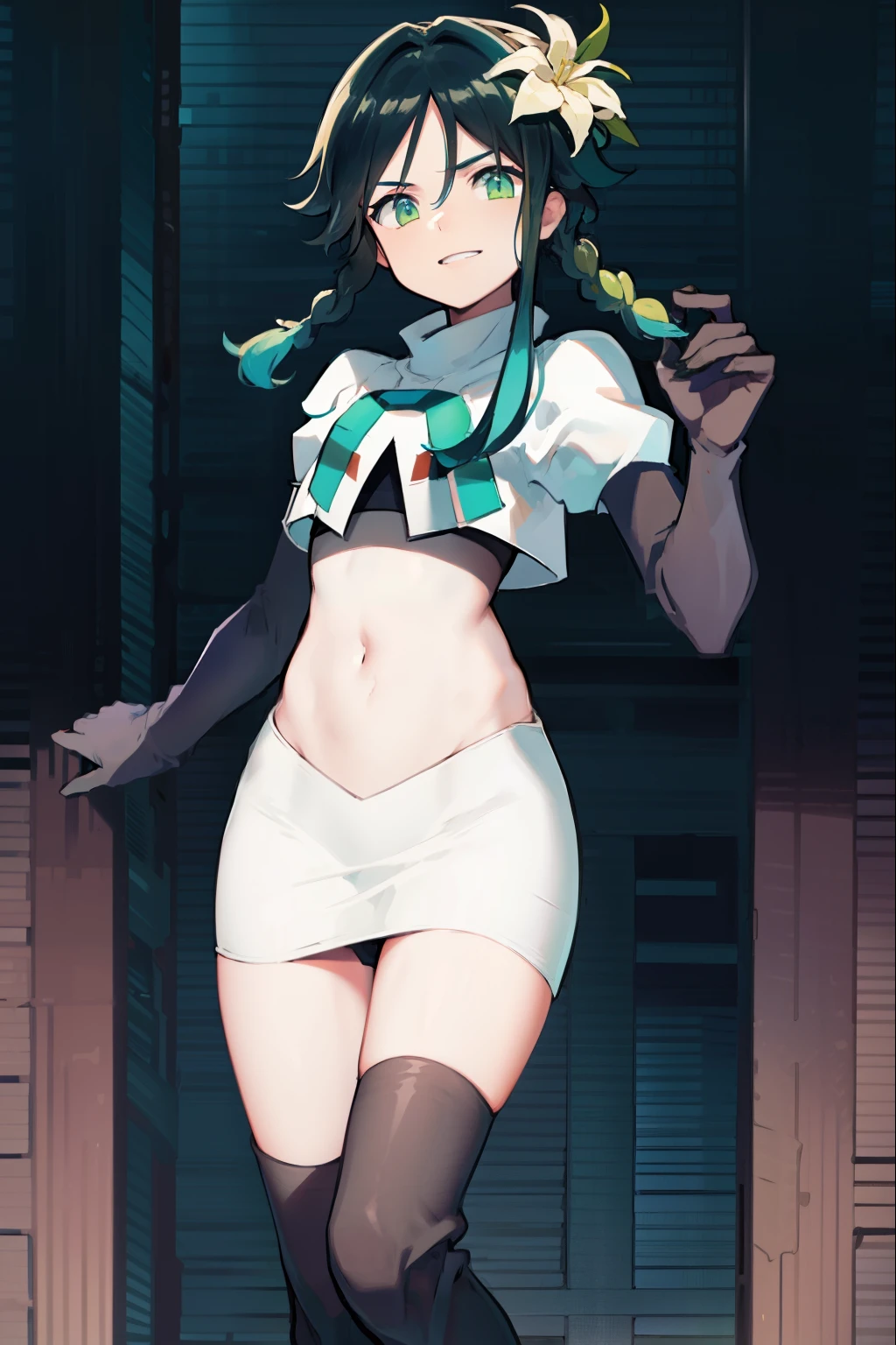 absurdres,venti,1boy, male focus, trap,black hair, green-blue hair, hair braid,hair flower,aqua green eyes,crossdressing,1boy,team rocket,team rocket uniform,white skirt,red letter R,crop top,black thigh-high boots,black elbow gloves, smile, show teeth