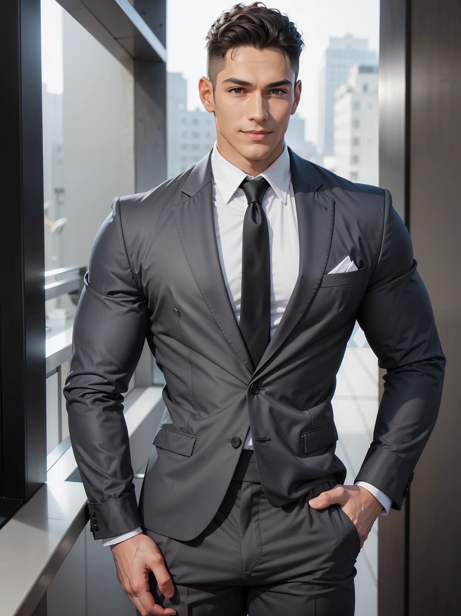 a very handsome muscular male model in gray suits in a highly luxurious lounge with soft lightings, with very short straight and tidily combed hairs, ((with slightly smiling matured face showing deep dimples on both cheeks)), low rise slim fit gray trousers, full length blue necktie with v-shape body,portrait from head to full legs,