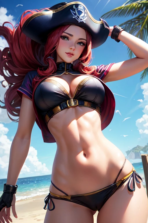 Miss fortune, Pelirroja, Pirata, Cuerpo perfecto((La mejor calidad)), ((Obra maestra)), (Detallado), Cara perfecta