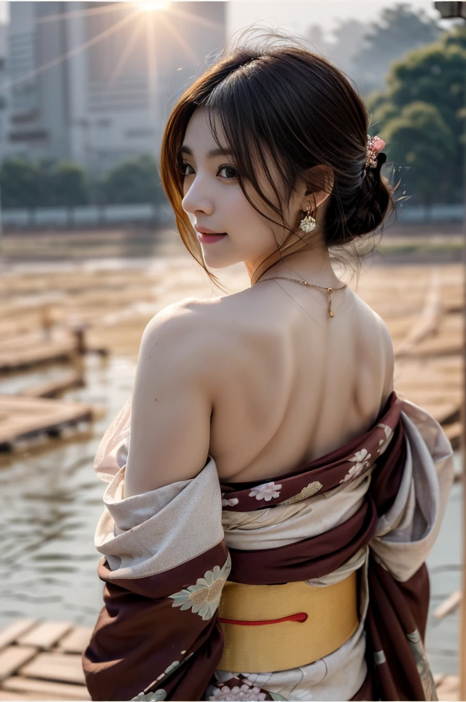 1girl, (ARTIST), ARTIST, ARTIST, (ARTIST), best quality, ultra-high res, (photorealistic:1.4), (detailed brown eyes:1.4), (realistic, photo-realistic:1.37), (8k, best quality, masterpiece:1.2), (((short_wet_kimono))), full body, ((looking_back)), (wet_medium_hair), (slender legs), (off-shoulder shirt), (detailed large_outdoor_hot_spring), (medium breasts), (stand), young, topless, (detailed perfect_face), (detailed shy:1.4), (from_back), (detailed wet_skin), wet, (water_vapor_in_front), (((night)))