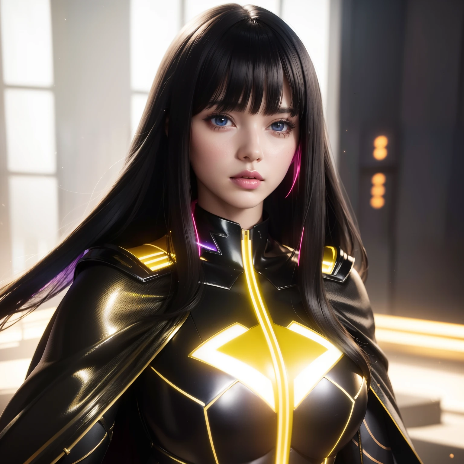 Bust to waist ((perfect face)) perfect skin, hyperrealistic masterpiece, Superheroine girl ((fringe glowing colorful)) in extremely complex & superdetailed tight plugsuit ((with white cape)), sharp focus, cinematic illumination: 8k, (((vampi aesthetic style::1)))