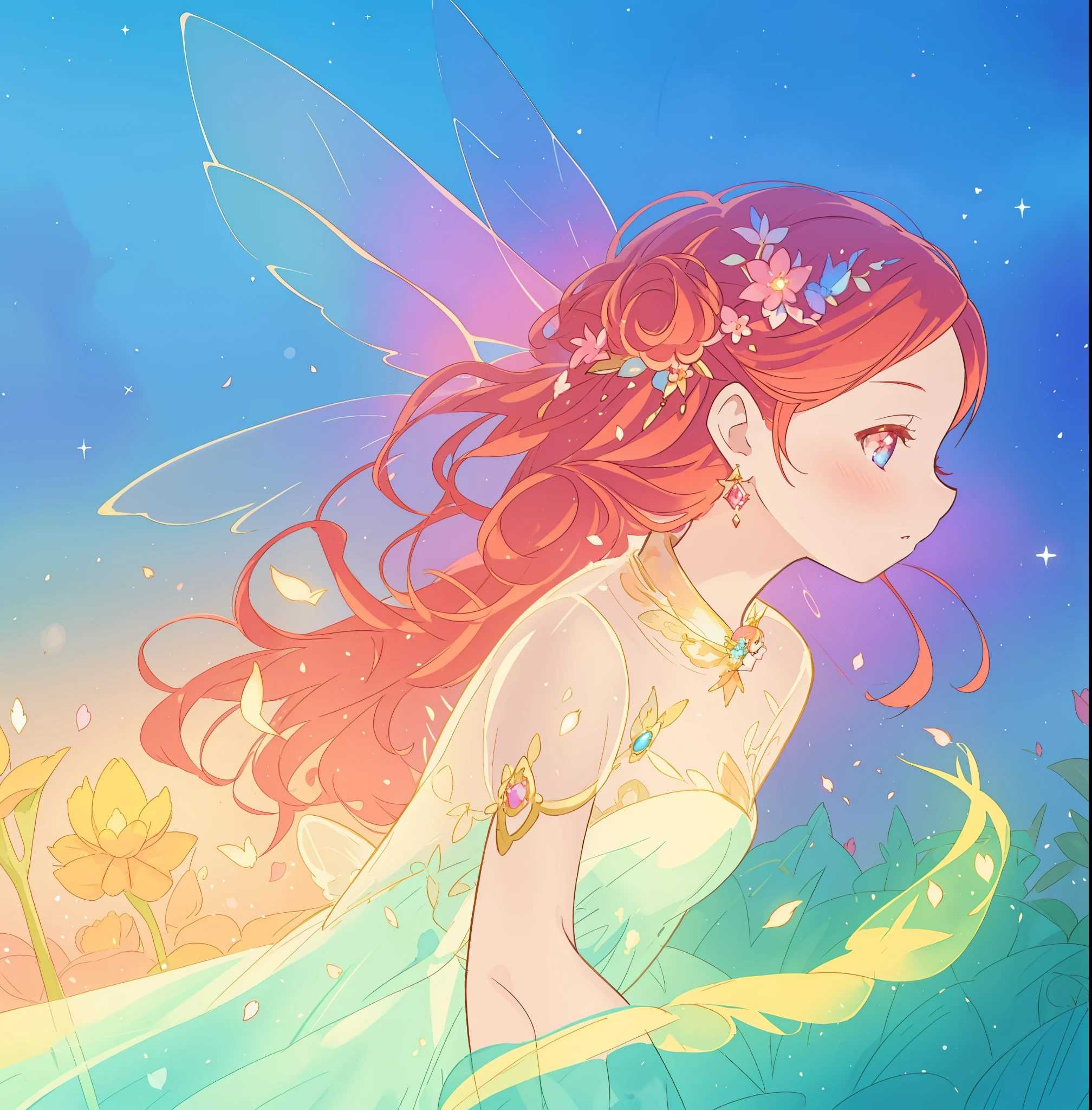 beautiful fairy girl in sparkling dress, glowing ballgown, long red peach hair, colorful fantasia background, fairy wings watercolor illustration, disney art style, glowing aura around her, glowing lights, beautiful digital illustration, fantasia otherworldly landscape plants flowers, beautiful, masterpiece, best quality, anime disney style