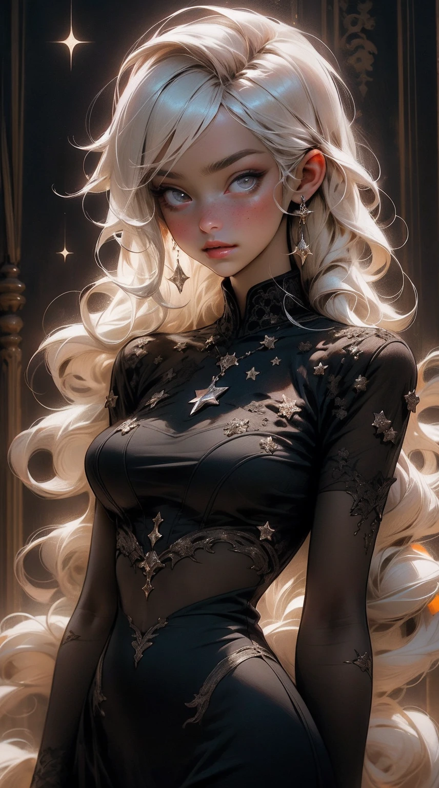 {-erro_de_anatomia:1.0}(Masterpiece - Ultra-Detailed, High Resolution) a woman, beautiful star, long straight hair, white hair, cordial black dress, with stars around her, white stars , no nudity, large breasts, beautiful body, beautiful face, sweetness, close up face, portrait, looking ahead