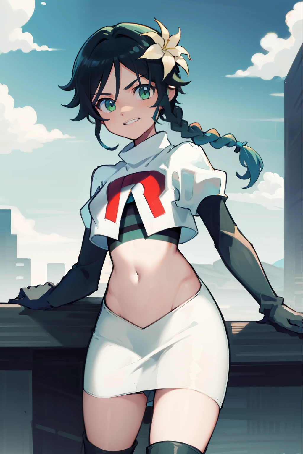 absurdres,venti,1boy, male focus, trap,black hair, green-blue hair, hair braid,hair flower,aqua green eyes,crossdressing,1boy,team rocket,team rocket uniform,white skirt,red letter R,crop top,black thigh-high boots,black elbow gloves, smile, show teeth