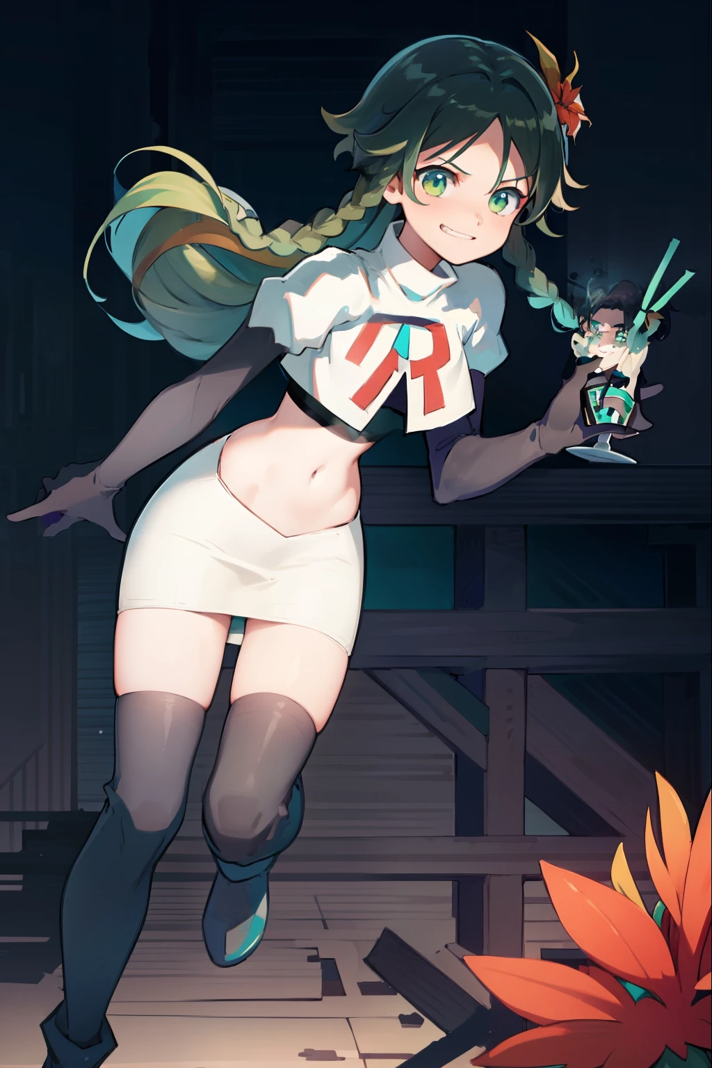 absurdres,venti,1boy, male focus, trap,black hair, green-blue hair, hair braid,hair flower,aqua green eyes,crossdressing,1boy,team rocket,team rocket uniform,white skirt,red letter R,crop top,black thigh-high boots,black elbow gloves, smile, show teeth