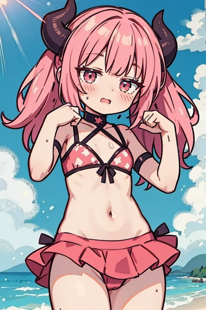 a very cute pink hair with demonic horns in swimsuit sexy pose