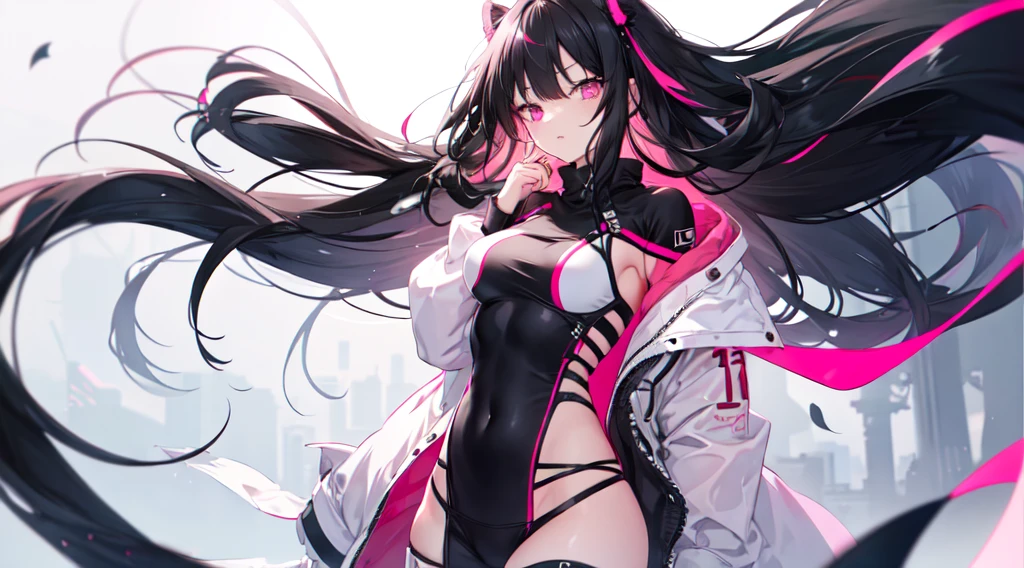 1girl, female, fit, straight long black hair, medium ass, medium breast, pink eyes, ahageo expressions, full body,