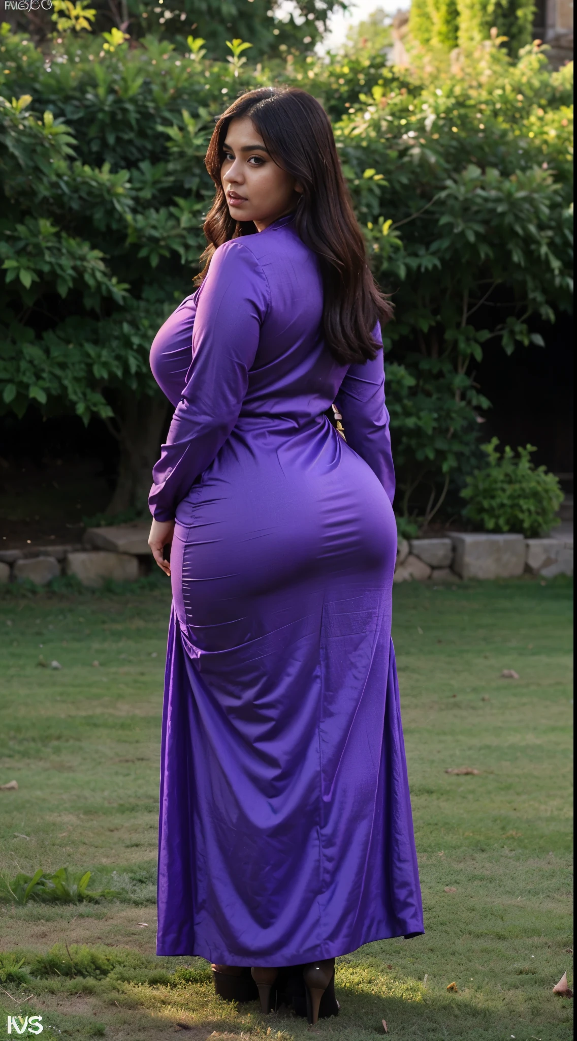 Bbw Pakistani,purple long dress, (facing the camera)(gigantic booty) (fat hip) (a quarter side view) (face here) Plus size bbw big boobs,grass, insanely wide ass