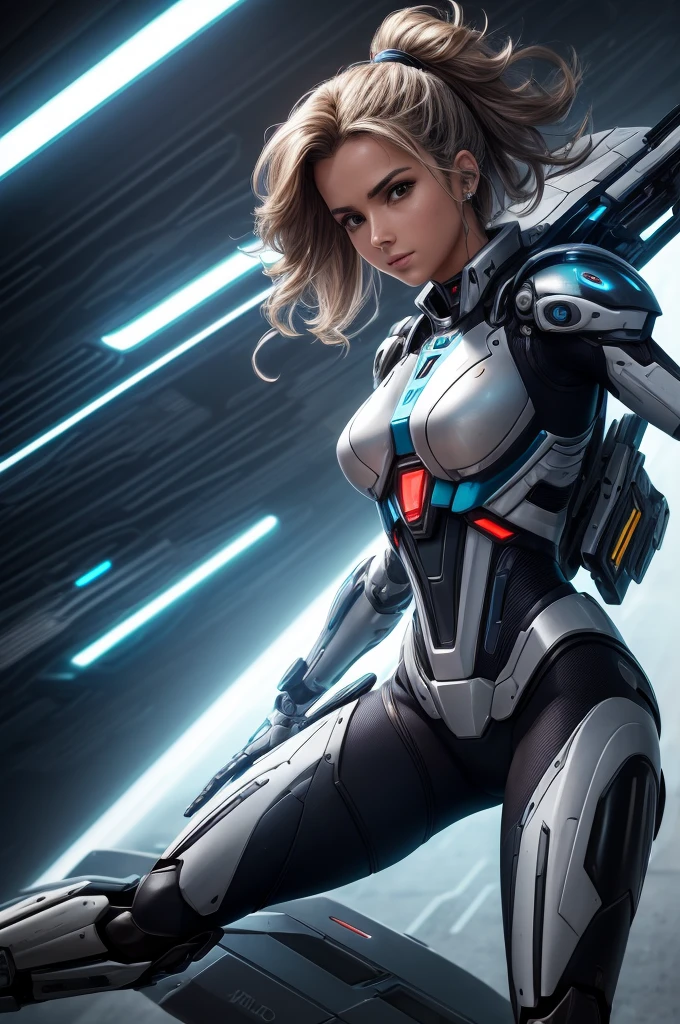 mulher solo, vestindo terno mecha+Cybernetic armor+Terno Gundam, Tudo branco com partes em dourado, cabelo moicano, cabelos azuis, messy hair, olhando diretamente para o espectador, she is, In an alien airport, with many machines, Lots of aliens, Muitas pessoas em movimento, mesa de vidro, CADEIRA, carrinhos de bagagem, ((Futuristic, Ultra-technological)), 16k, UHD, best possible quality, Ultra Detalhado, best possible resolution, Motor Unreal 5, fotografia profissional, she is, (((Action pose with interaction and leaning on anything+objeto+em algo+encostado))), Melhor_Hands, mais detalhes, ((corpo inteiro))