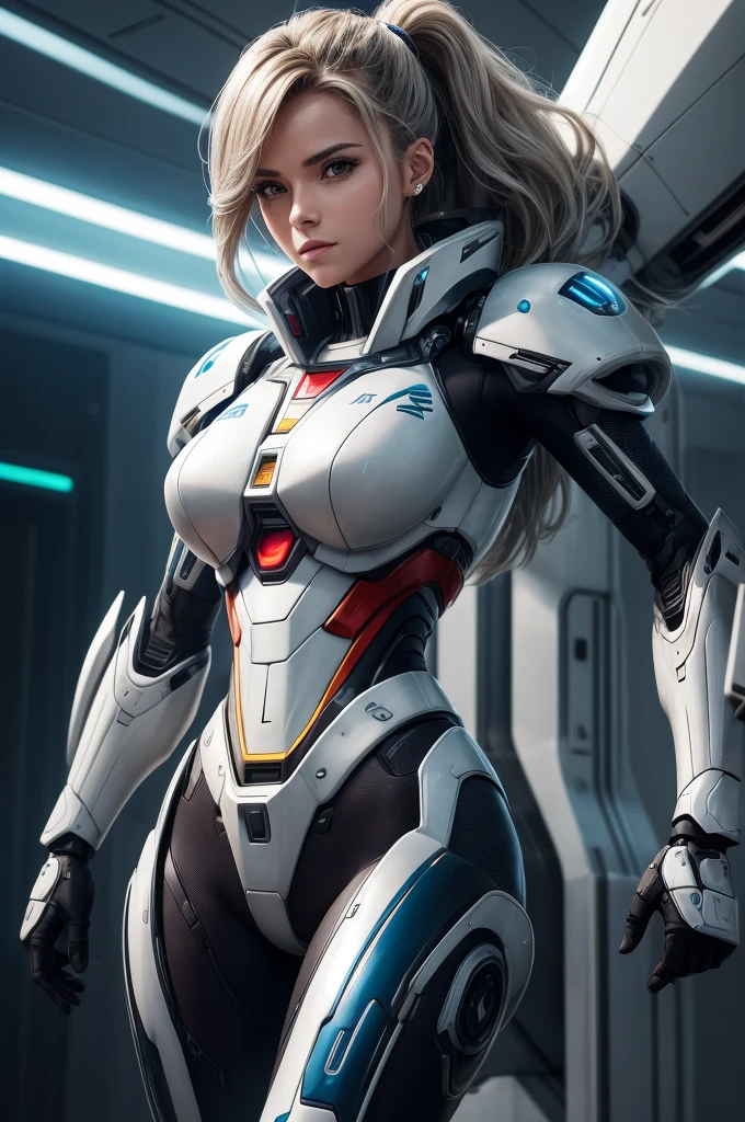 mulher solo, vestindo terno mecha+Cybernetic armor+Terno Gundam, Tudo branco com partes em dourado, cabelo moicano, cabelos azuis, messy hair, olhando diretamente para o espectador, she is, In an alien airport, with many machines, Lots of aliens, Muitas pessoas em movimento, mesa de vidro, CADEIRA, carrinhos de bagagem, ((Futuristic, Ultra-technological)), 16k, UHD, best possible quality, Ultra Detalhado, best possible resolution, Motor Unreal 5, fotografia profissional, she is, (((Action pose with interaction and leaning on anything+objeto+em algo+encostado))), Melhor_Hands, mais detalhes, ((corpo inteiro))