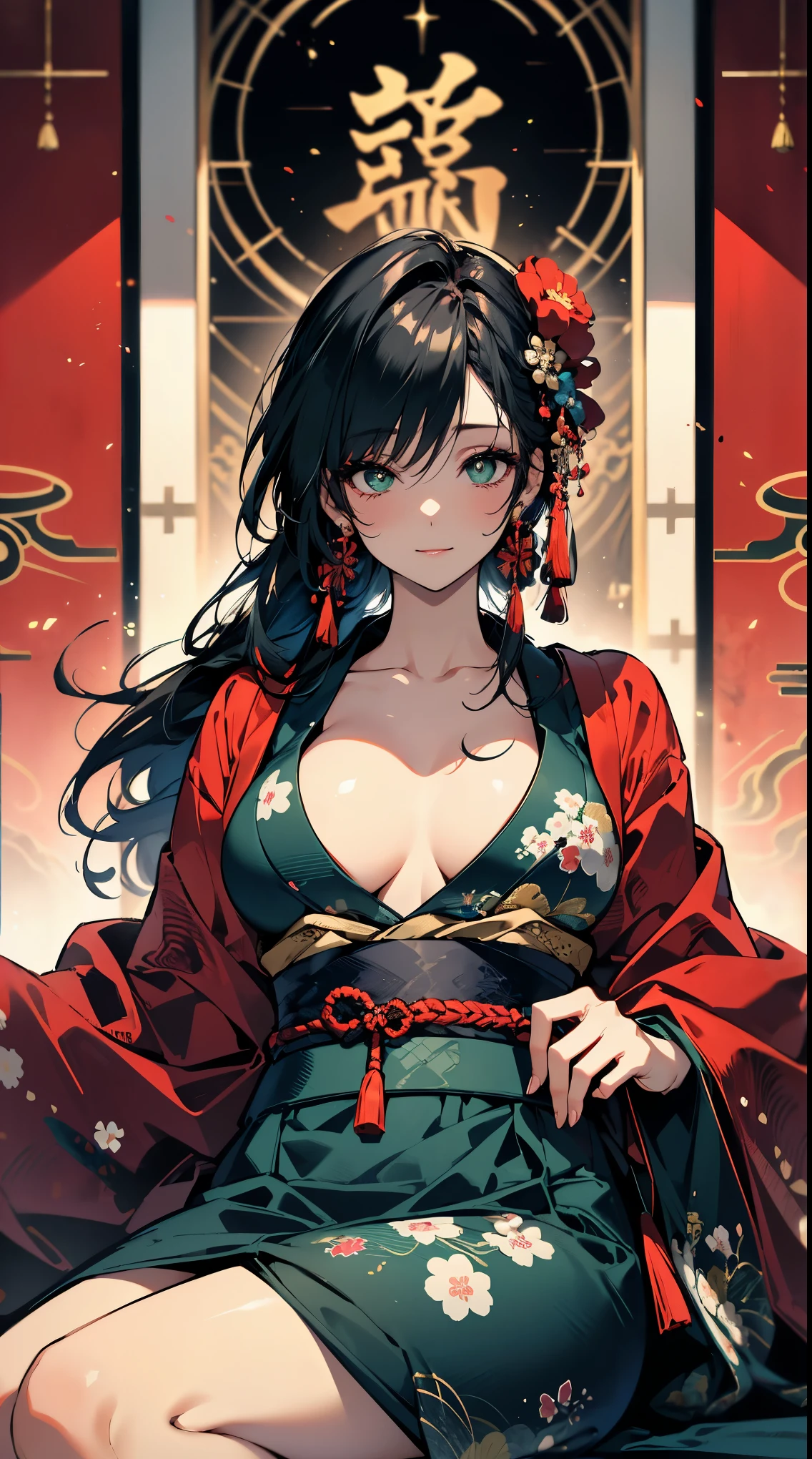 (Masterpiece, best quality), (ultra high resolution, 8K RAW photo, photo realistics:1.5, textile shading, softy tones, thin outline), araffe matured woman in a kimono, sitting on a bed with hugging a teddy bear, (wearing dark green silk robes), (dark green hanfu:1.2), (wearing japanese kimono:1.2, traditional japanese, japanese clothes), (classy yukata clothing), wearing a haori, (matured woman, milf:1.5, 28 years old, solo), (large breast, sagging breast, big tits, narrow waist, big ass, curvy bodies), (medium hair, hair over one eye, asymmetric hair, low tied braid), (bright pupils, detailed eyes, high detailed face), eye rush, (smileing, shamed), (looking down:1.3), (dynamic angle, from above), (correct anatomy:1.5, correct hands), (ideal ratio of body proportions),