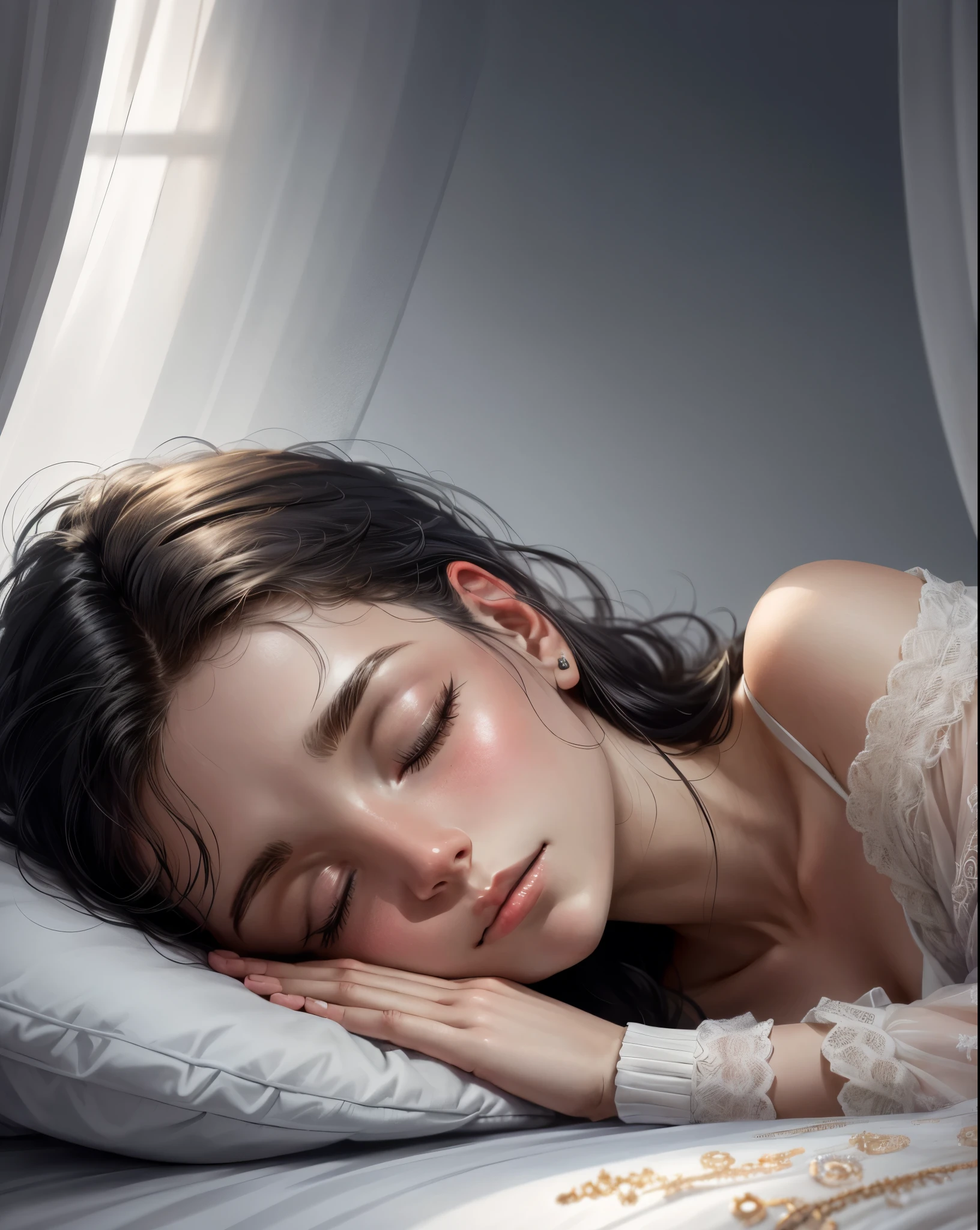 1girl, european, close-up, closed_eyes, sleeping, brunette, at night, closeup, night pajama, dark room, dark studio, wide angle, full body, fetal position