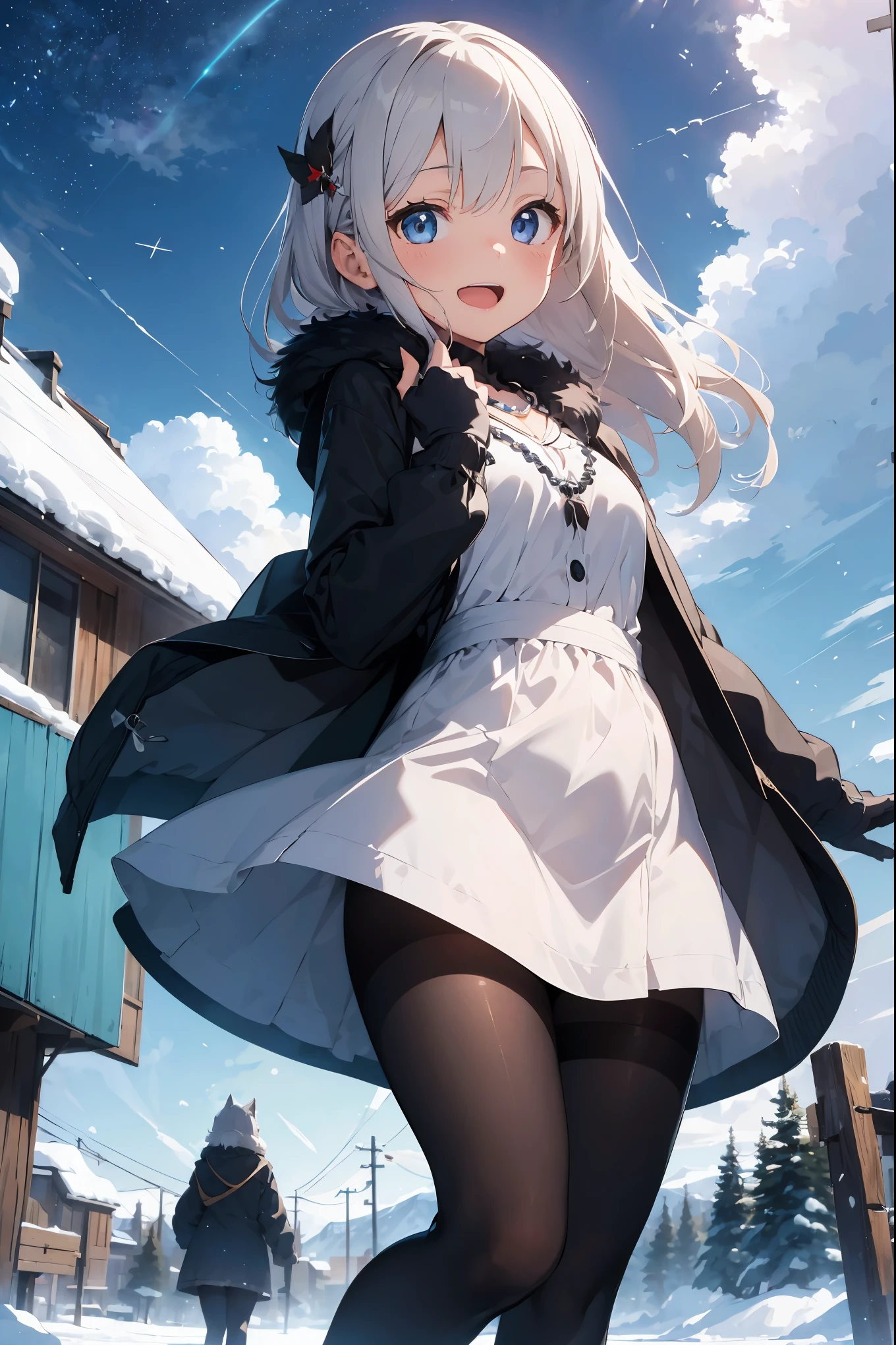 (masterpiece:1.2), best texture, sharpness lines, smoothly lines, 1girl, solo, cowboy shot, dutch angle, (loli:1.2), short heights, grey hair, wolf ears, hair ornament, cute face, blue eyes, cheerful smile, open mouth, looking at viewer,
best quality, beads necklace, layrer up, fur-trimmed cloak, indigenous desinged embroidery, traditional symbolism, winter coat, tribal patterns, intricate design, (black inner:1.2), fur-trimmed sleeves, black gloves, up arms, craw pose, standing on one leg, (black pantyhose:1.2), white wolf tail, BREAK
(super detailed:1.2), absurdres absolutely resolution, (Alaska:1.2), Arctic heritage, blue theme, abstract background, winter decoration, winter symbols,