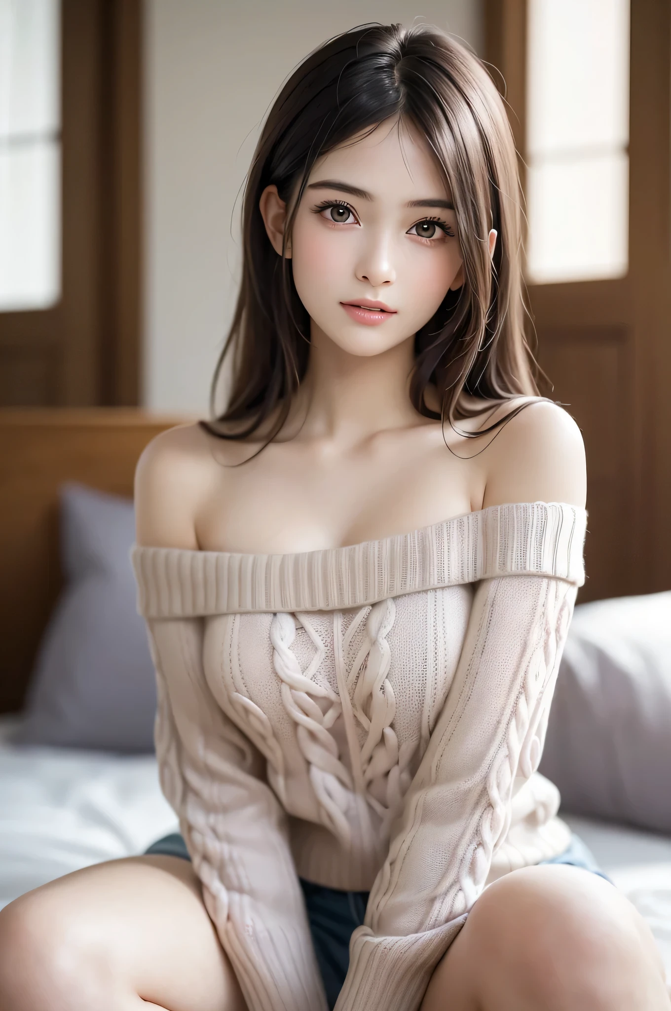 Air bangs, ung girls, (extremely detailed beautiful face), Amazing face and eyes, petal, Very beautiful, In full bloom, With a bright future, Carefree, Calm, Harmonious, with a bright smile, Bold, drooping, Generous, (Off-shoulder Sweaters with wide open chest:1.3), (Beautiful breasts), (Best Quality:1.4), (Ultra-detailed), (A hyper-realistic, Photorealsitic:1.37), Beautiful fair skin, extremely detailed CG unified 8k wallpaper, RAW Photos, professional photograpy, Cinematic lighting, Sitting, spread your legs wide, (Naked_Sweaters:1.45), Bedroom, (Beautiful Floral Wallpapers), ((Moody lighting)), Dazzling lighting,
