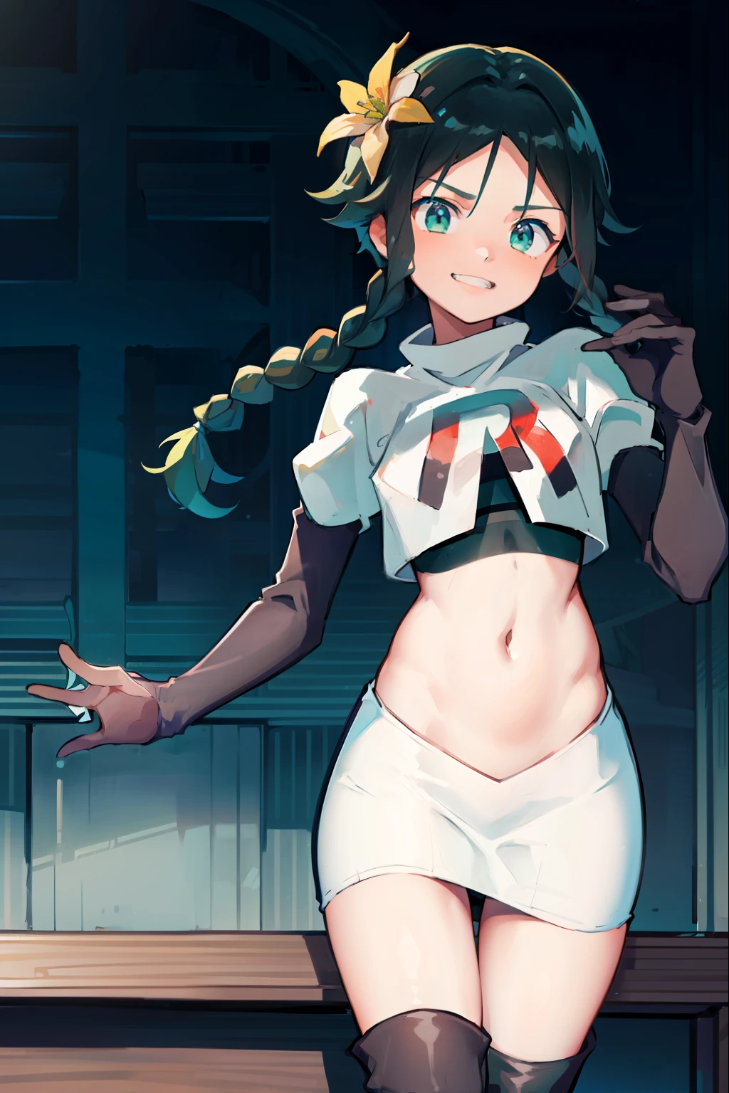 absurdres,venti,1boy, male focus, trap,black hair, green-blue hair, hair braid,hair flower,aqua green eyes,crossdressing,1boy,team rocket,team rocket uniform,white skirt,red letter R,crop top,black thigh-high boots,black elbow gloves, smile, show teeth