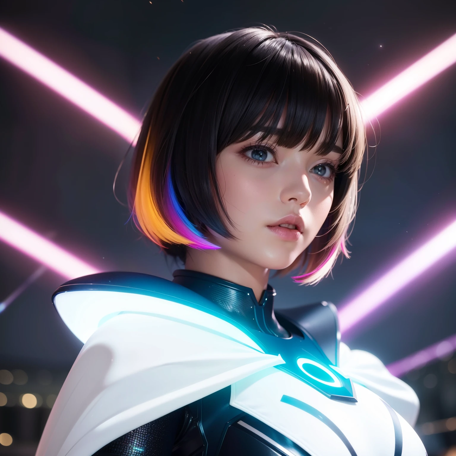 Bust to waist ((perfect face)) perfect skin, hyperrealistic masterpiece, Superheroine girl ((fringe glowing colorful)) in extremely complex & superdetailed tight plugsuit ((with white cape)), sharp focus, cinematic illumination: 8k, (((Spacecore aesthetic style::1)))
