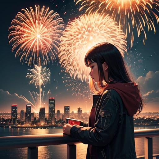 Big City night,side view, firework,