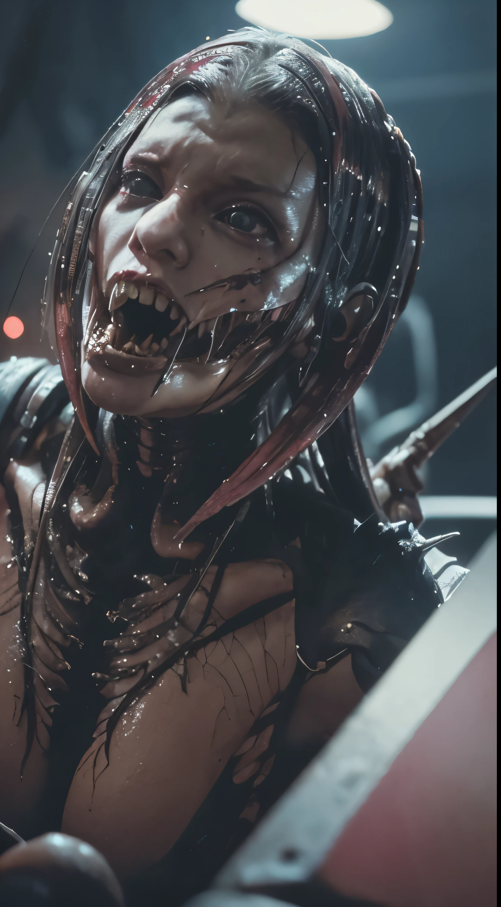 cyberpunk feminino, com fios saingo, mandibles, dentes afiados, Filme de Horror, animatronic, filme gore, filmado com panavision, biomechanico, HR giger style, goth, industrial, sci fi, monocromatic, estilo VHS antigo, choro, soio, triste, Industrial Gothic, industrial, cheirando para o jantar, lado a lado, fechado, cheirando para o jantar, imagem frontal, red, neon pink lights in the background , closed up face
