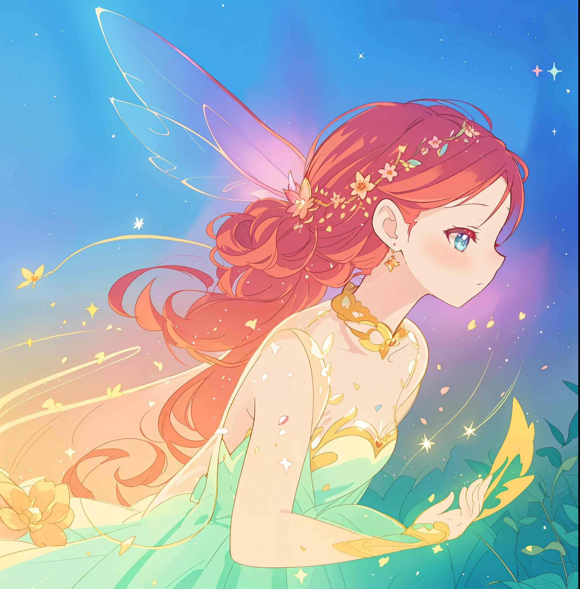 beautiful fairy girl in sparkling dress, glowing ballgown, long red peach hair, colorful fantasia background, fairy wings watercolor illustration, disney art style, glowing aura around her, glowing lights, beautiful digital illustration, fantasia otherworldly landscape plants flowers, beautiful, masterpiece, best quality, anime disney style