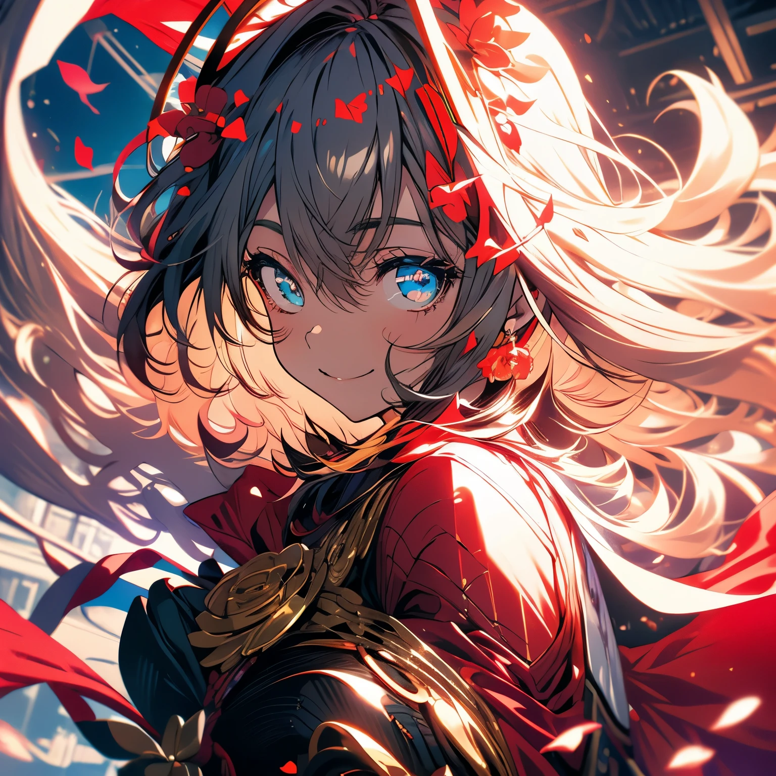 masutepiece, Best Quality:1.2), Solo, 1girl in, Mistral Rose, Smile, Looking at Viewer, Dress, corsets, red cape, thighs thighs thighs thighs